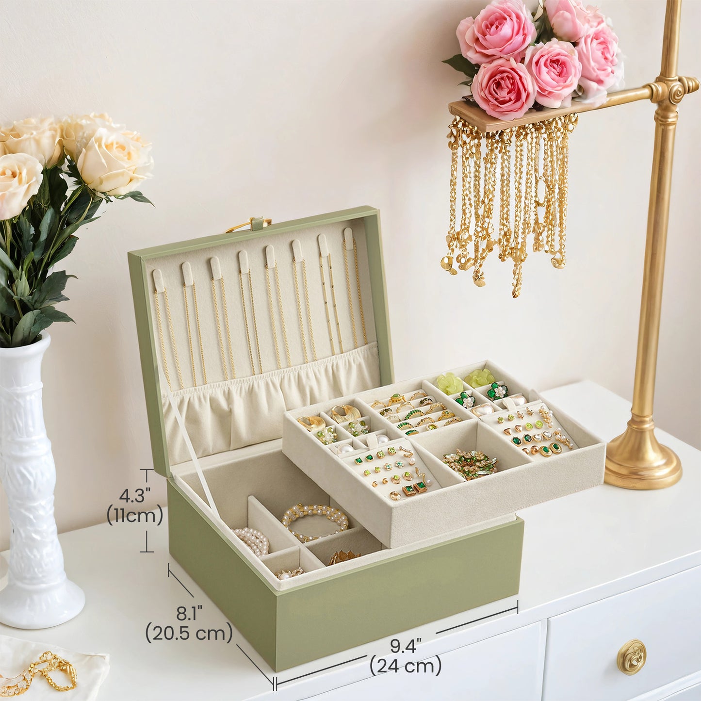 2-Tier Jewelry Box Organizer - Floating Design with Removable Tray & Handle, Velvet Lined Storage for Jewelry, Sunglasses, Laurel Green