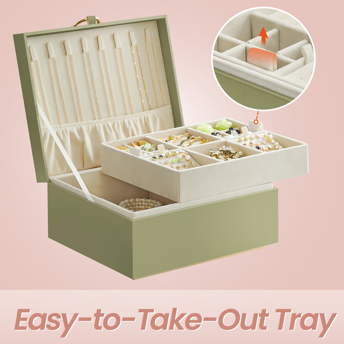 2-Tier Jewelry Box Organizer - Floating Design with Removable Tray & Handle, Velvet Lined Storage for Jewelry, Sunglasses, Laurel Green
