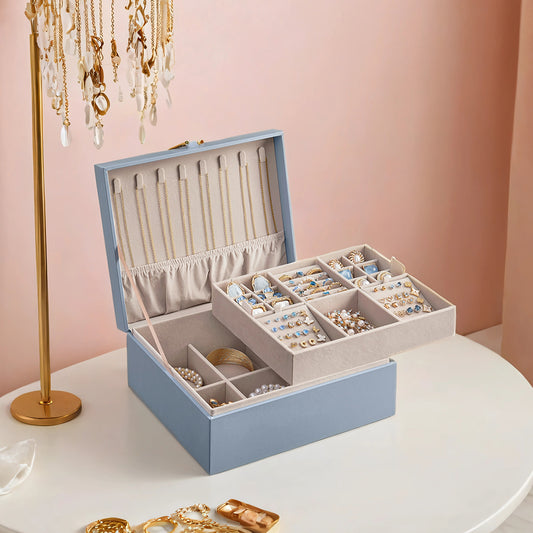 2-Tier Jewelry Organizer Box - Floating Design with Removable Tray & Handle, Velvet Lined Storage for Accessories, Misty Blue