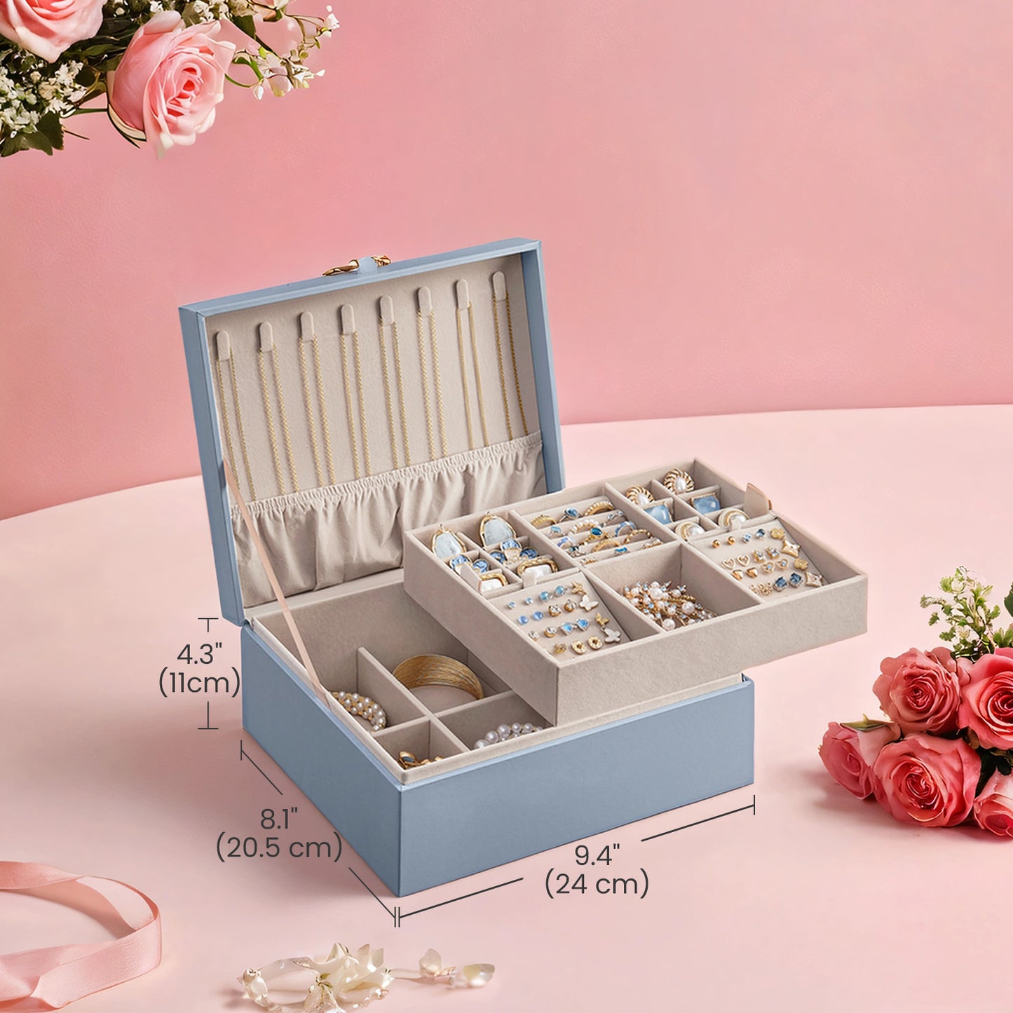 2-Tier Jewelry Organizer Box - Floating Design with Removable Tray & Handle, Velvet Lined Storage for Accessories, Misty Blue