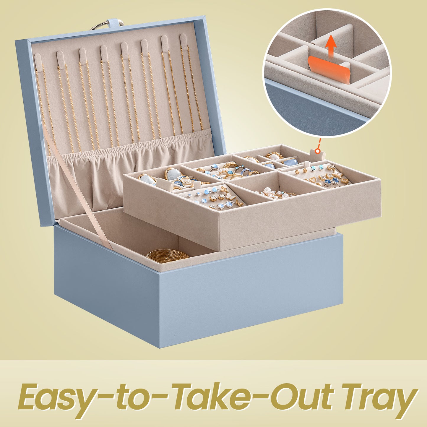 2-Tier Jewelry Organizer Box - Floating Design with Removable Tray & Handle, Velvet Lined Storage for Accessories, Misty Blue