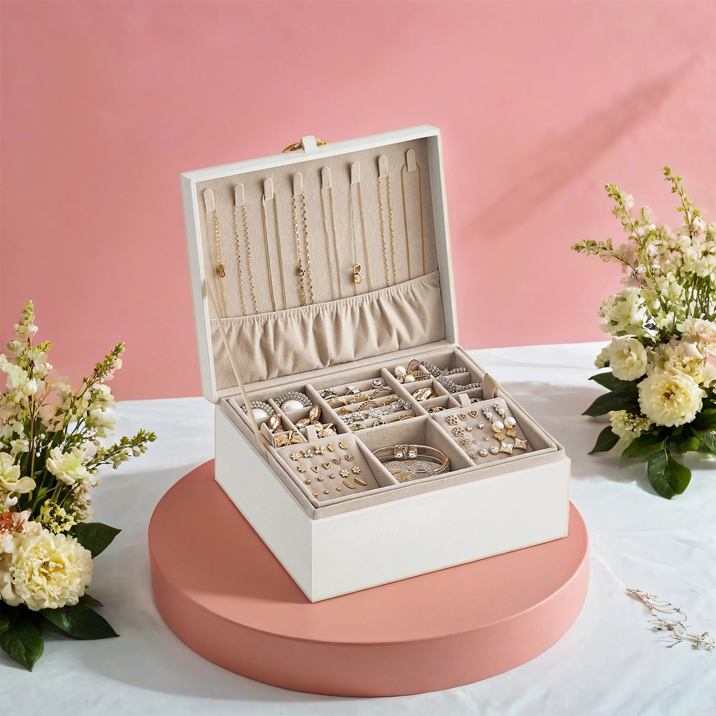 2-Tier Jewelry Organizer Box with Removable Trays, Floating Base Design, Metal Handle, Necklace Hooks & Velvet Lining - Gift for Women, White