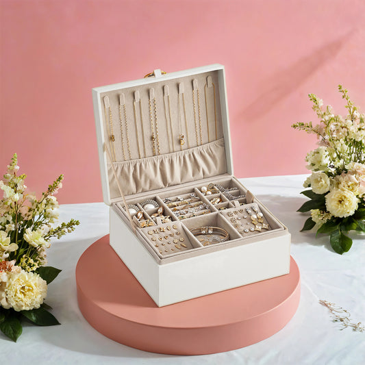 2-Tier Jewelry Organizer Box with Removable Trays, Floating Base Design, Metal Handle, Necklace Hooks & Velvet Lining - Gift for Women, White