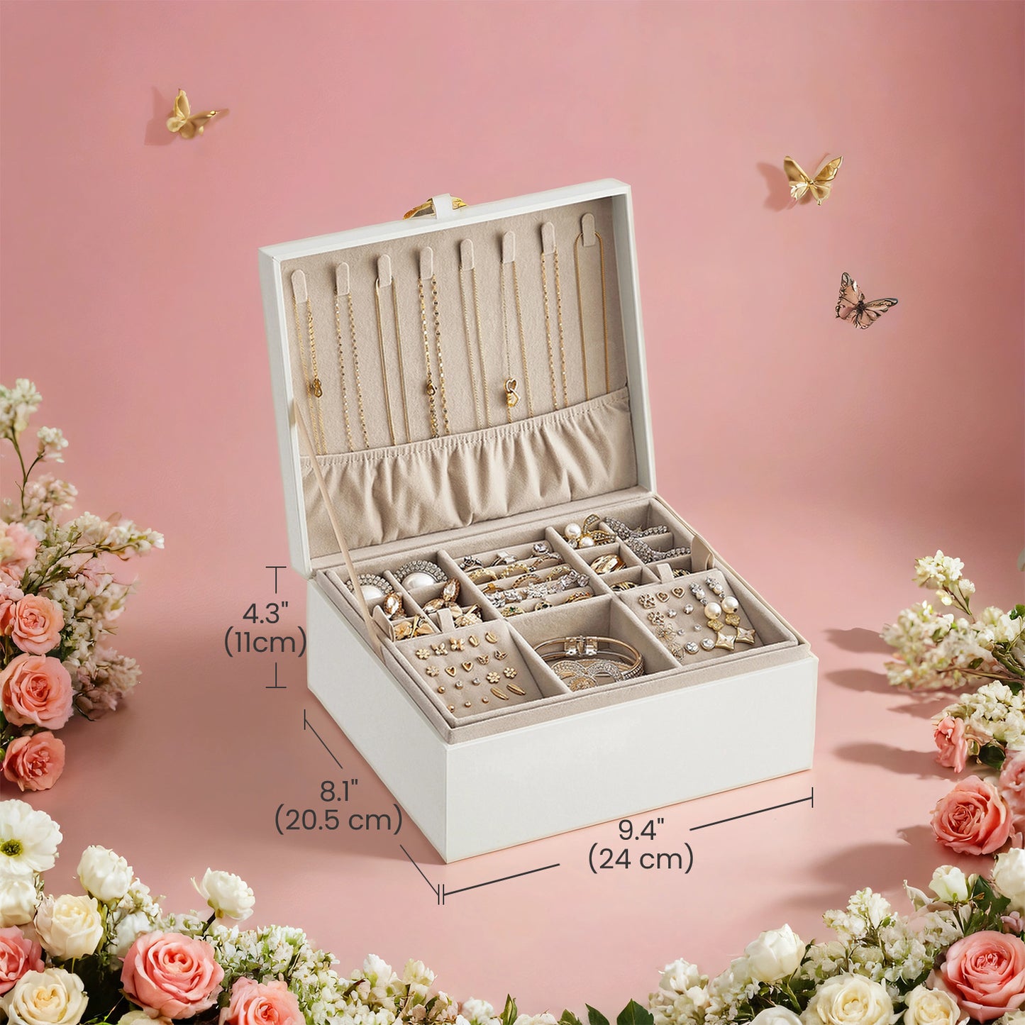 2-Tier Jewelry Organizer Box with Removable Trays, Floating Base Design, Metal Handle, Necklace Hooks & Velvet Lining - Gift for Women, White