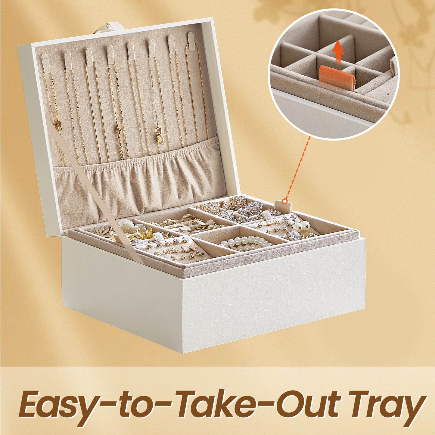2-Tier Jewelry Organizer Box with Removable Trays, Floating Base Design, Metal Handle, Necklace Hooks & Velvet Lining - Gift for Women, White