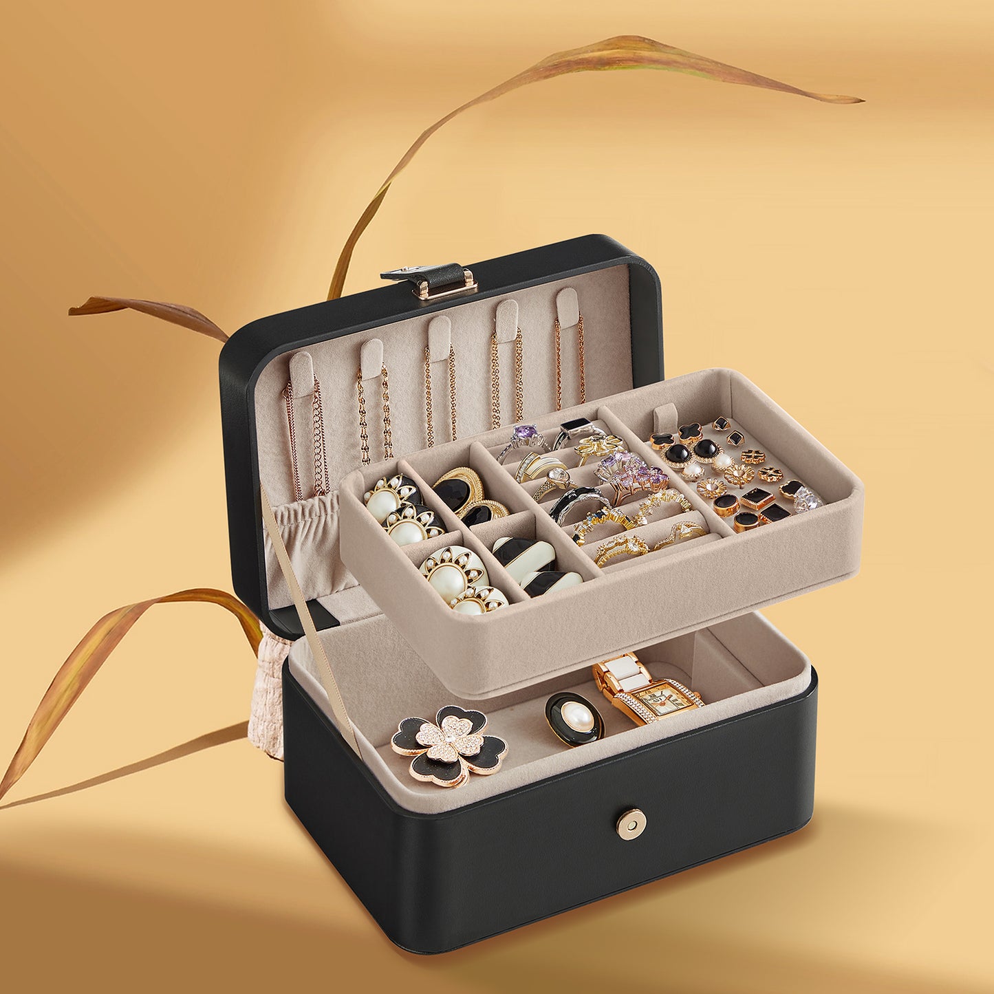 2-Layer Travel Jewelry Box Organizer with Removable Tray & Necklace Hooks, Compact Jewelry Storage Case for Earrings, Rings & Bracelets, Ink Black