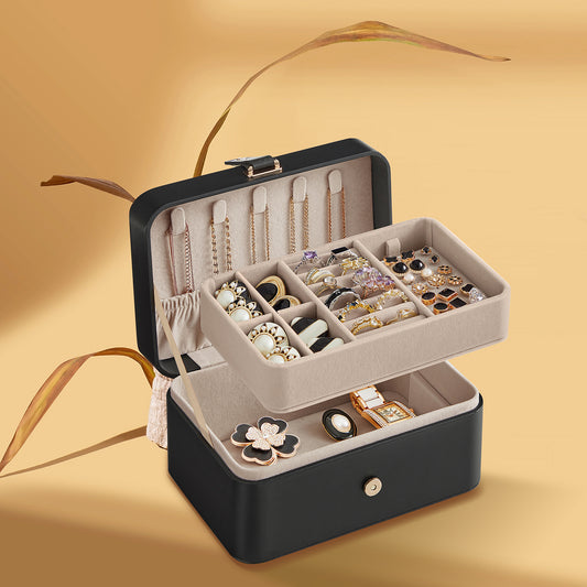 2-Layer Travel Jewelry Box Organizer with Removable Tray & Necklace Hooks, Compact Jewelry Storage Case for Earrings, Rings & Bracelets, Ink Black