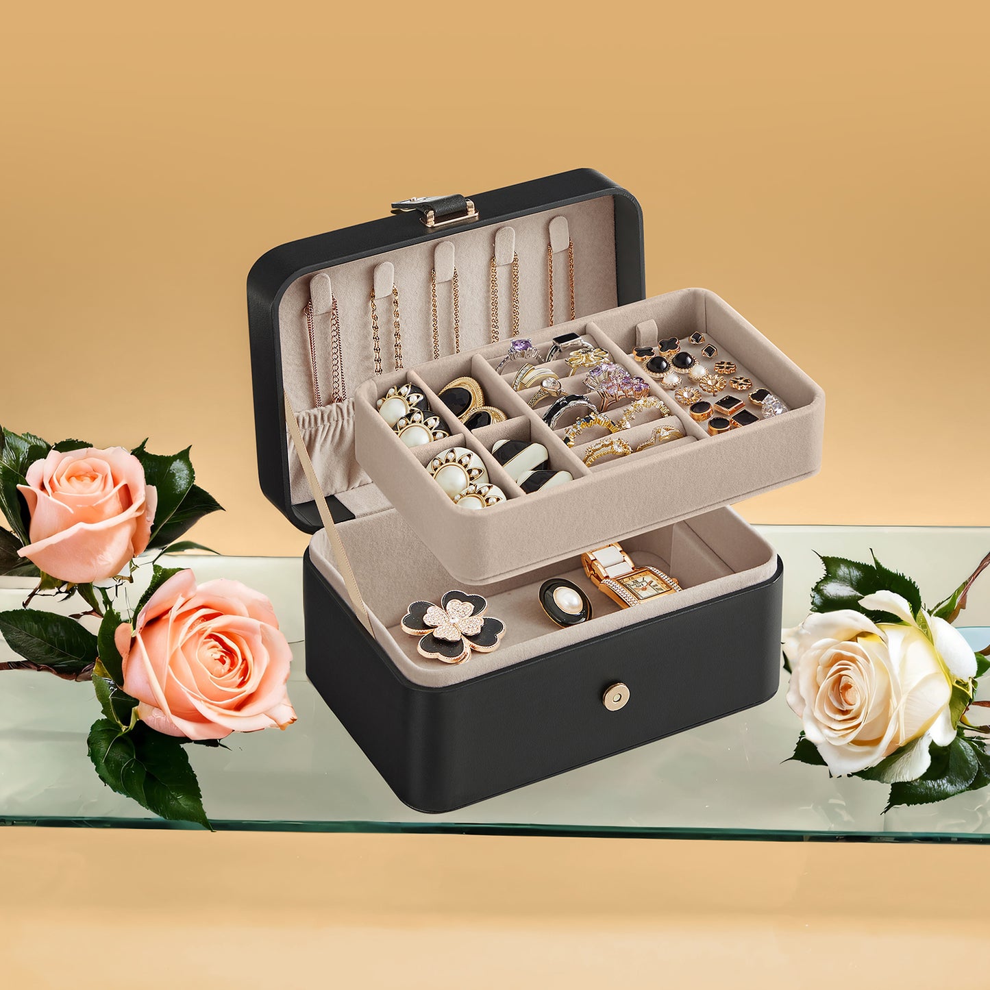 2-Layer Travel Jewelry Box Organizer with Removable Tray & Necklace Hooks, Compact Jewelry Storage Case for Earrings, Rings & Bracelets, Ink Black