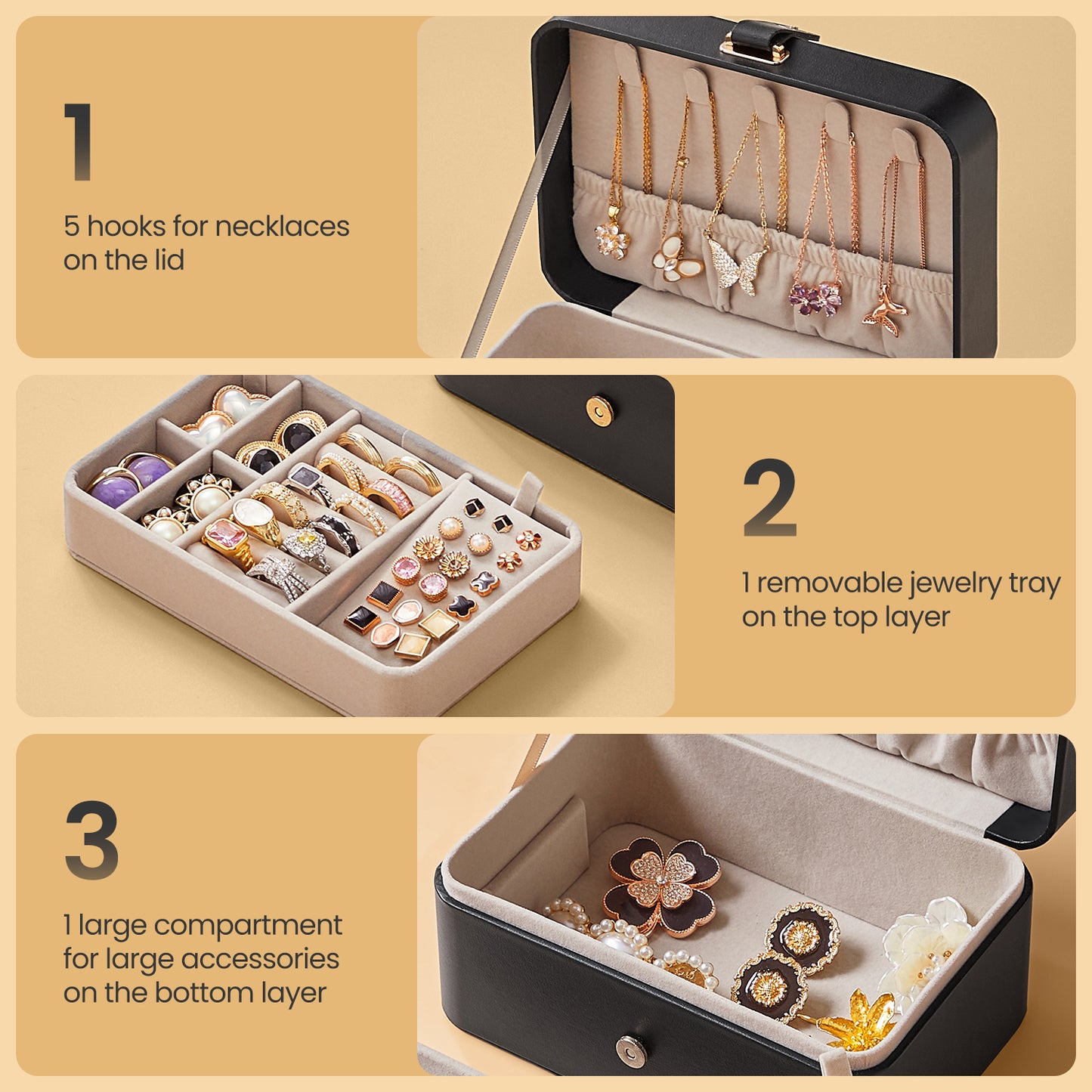 2-Layer Travel Jewelry Box Organizer with Removable Tray & Necklace Hooks, Compact Jewelry Storage Case for Earrings, Rings & Bracelets, Ink Black