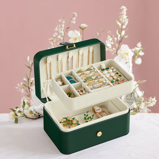 2-Layer Travel Jewelry Organizer Box, Portable Earring & Necklace Holder with Removable Tray, Magnetic Closure, Velvet Lining, Forest Green