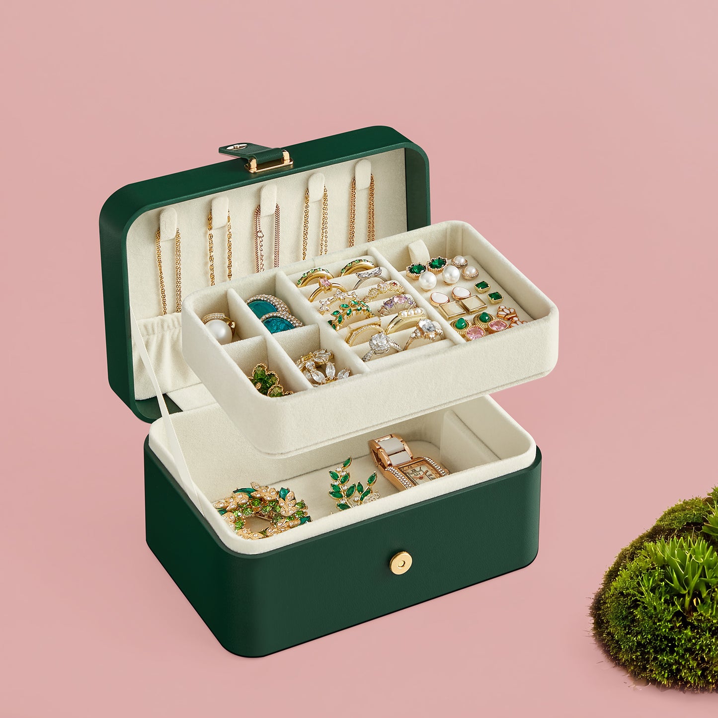 2-Layer Travel Jewelry Organizer Box, Portable Earring & Necklace Holder with Removable Tray, Magnetic Closure, Velvet Lining, Forest Green