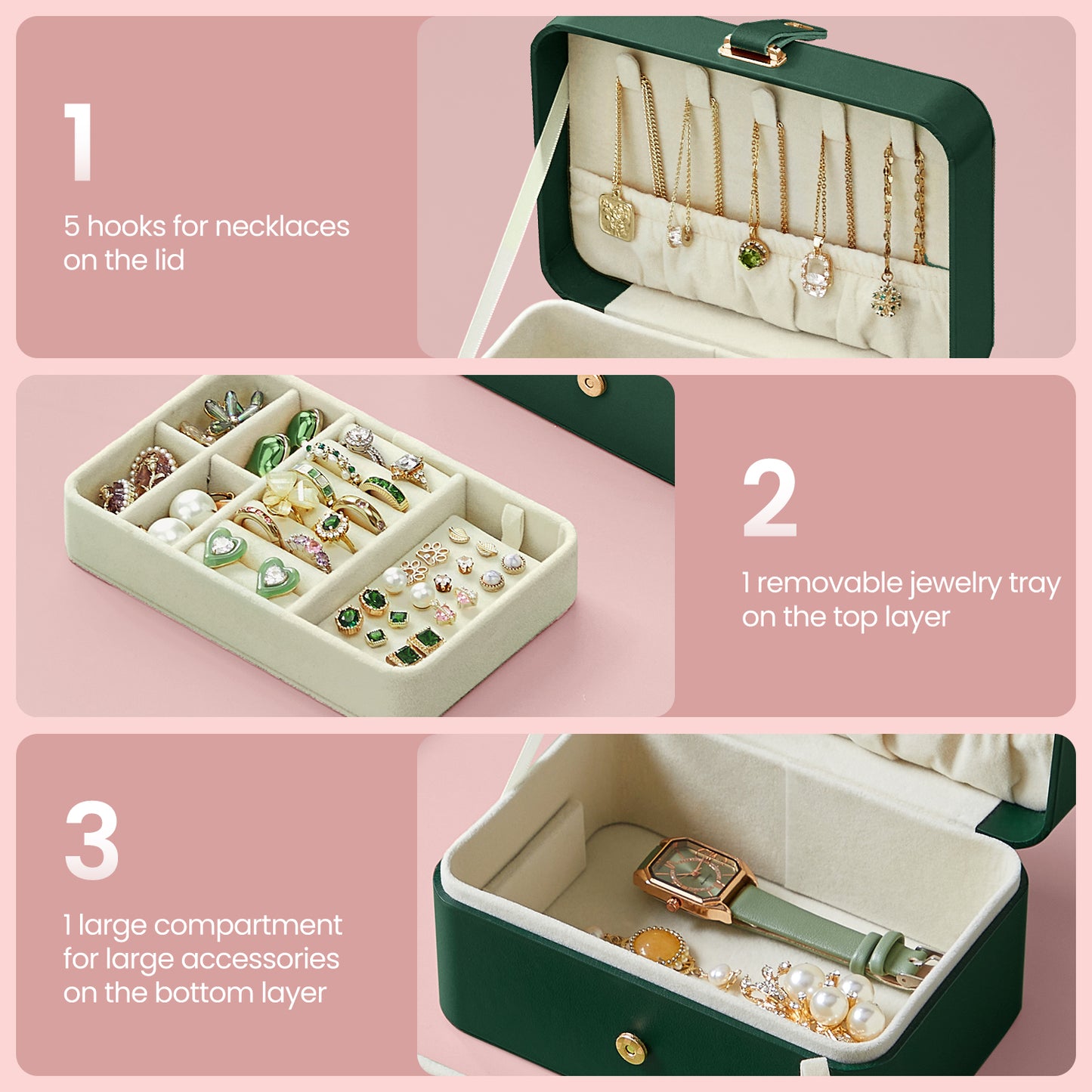 2-Layer Travel Jewelry Organizer Box, Portable Earring & Necklace Holder with Removable Tray, Magnetic Closure, Velvet Lining, Forest Green