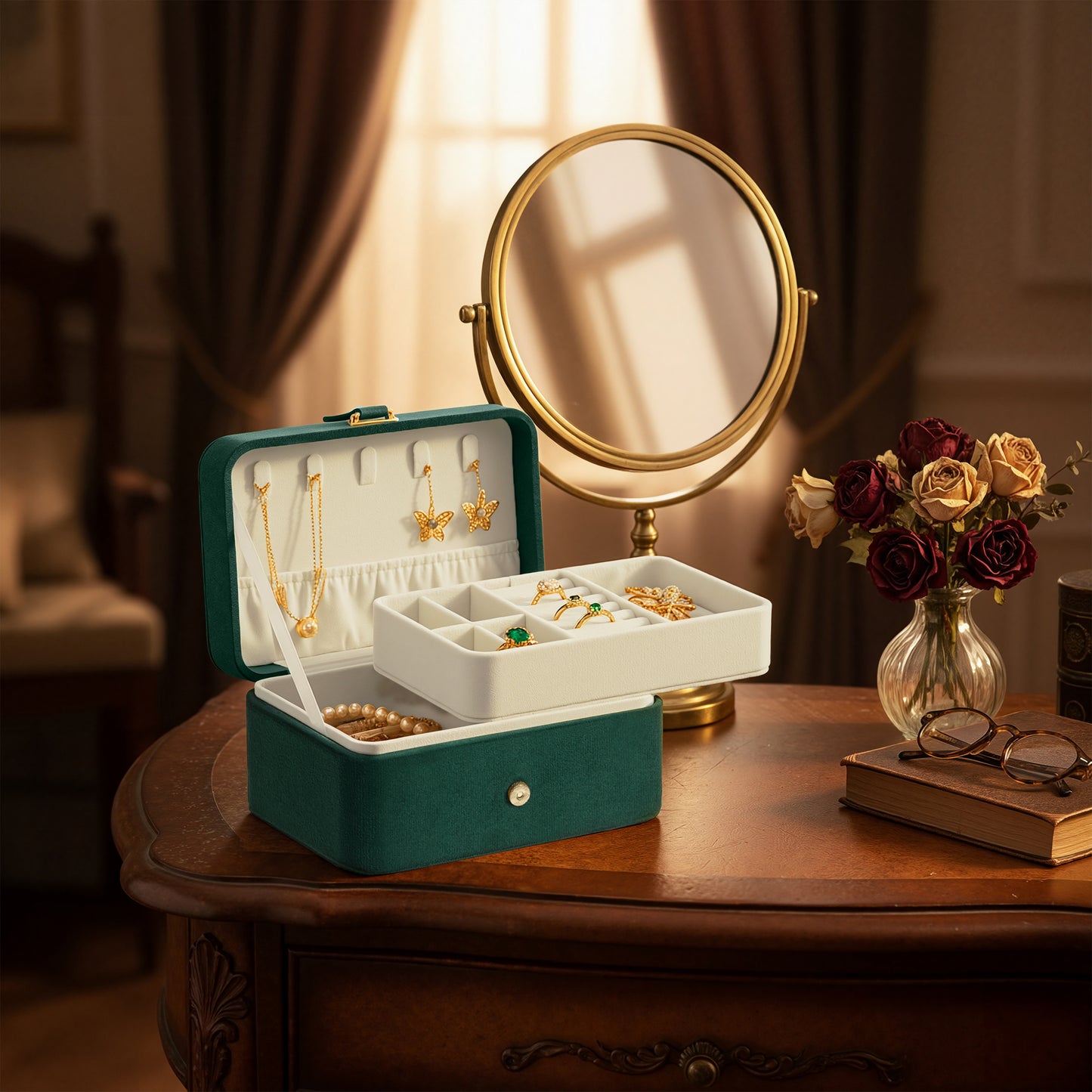 Travel Jewelry Organizer Box, 2-Layer Portable Case for Earrings, Necklaces, and Bracelets, Soft Velvet Lining, Retro Green