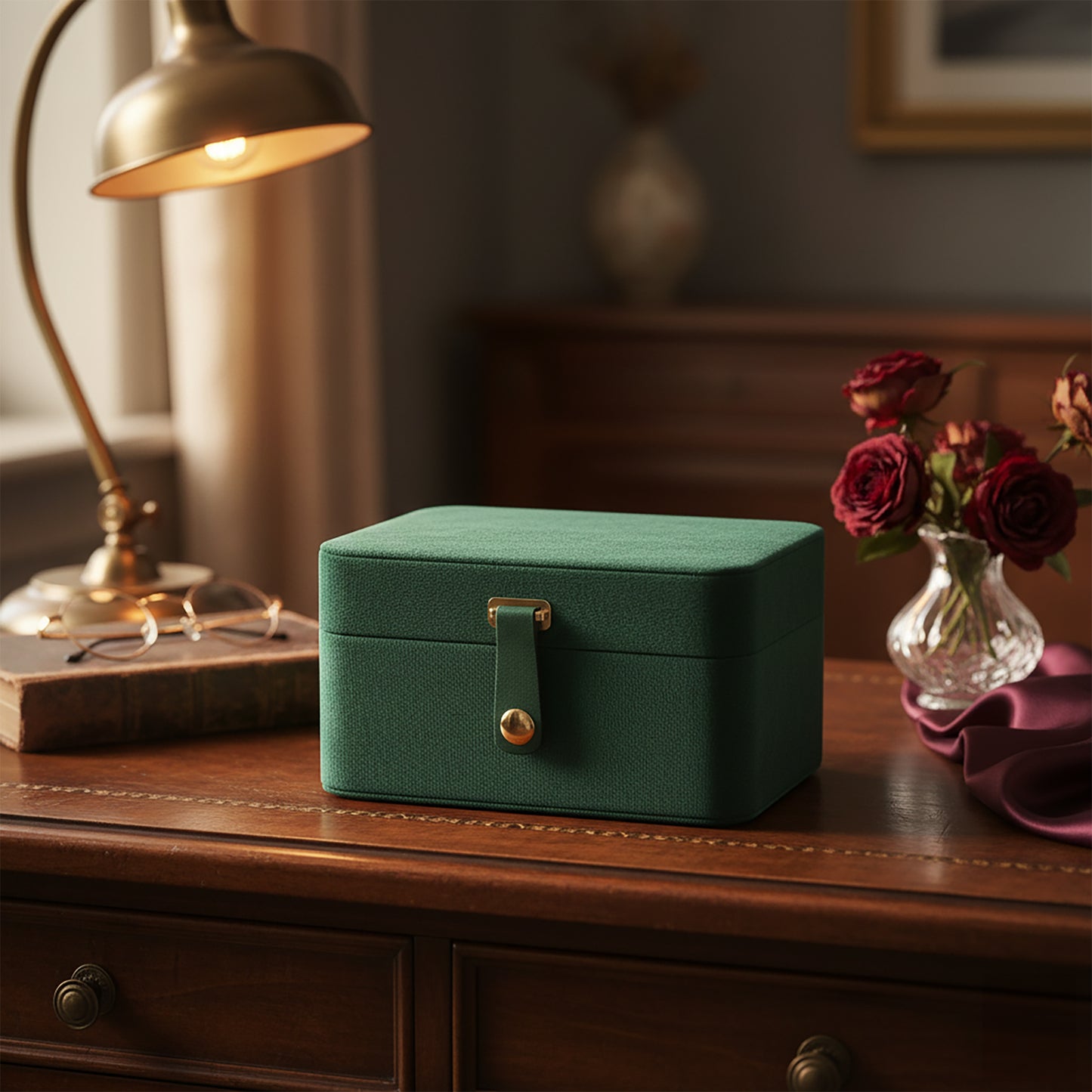 Travel Jewelry Organizer Box, 2-Layer Portable Case for Earrings, Necklaces, and Bracelets, Soft Velvet Lining, Retro Green