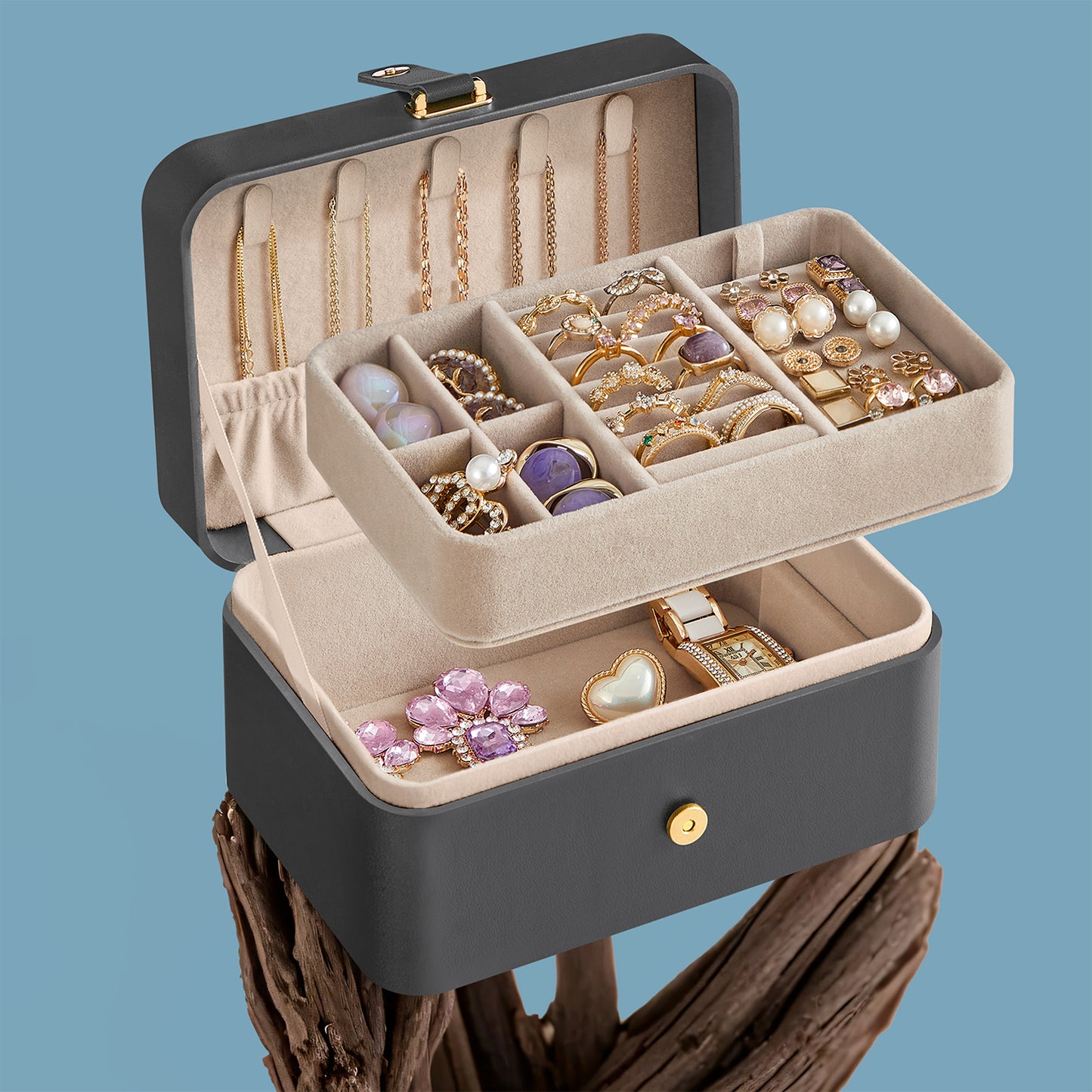 Travel Jewelry Box Organizer, 2-Layer Portable Jewelry Case with Removable Tray & 5 Necklace Hooks, Compact Storage for Earrings, Rings, Bracelets, Slate Gray