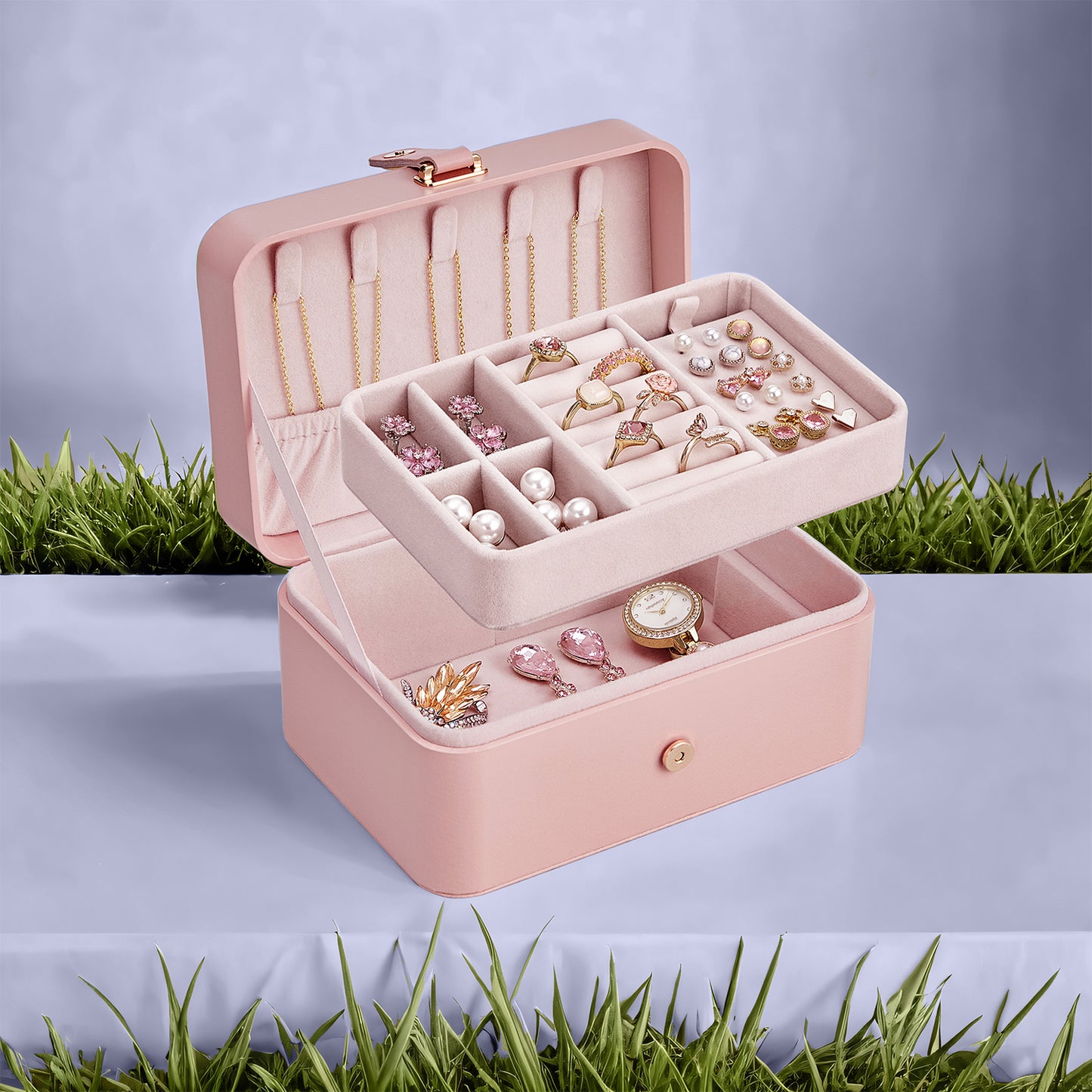 Travel Jewelry Organizer Box, 2-Tier Portable Jewelry Case with Removable Tray & Necklace Hooks, Compact Storage for Earrings, Rings, Bracelets & Large Accessories, Jelly Pink