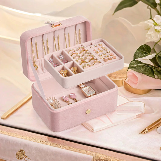 2-Layer Travel Jewelry Box, Portable Organizer Case with Removable Trays & Velvet Lining, Large Capacity Jewelry Storage, Jelly Pink