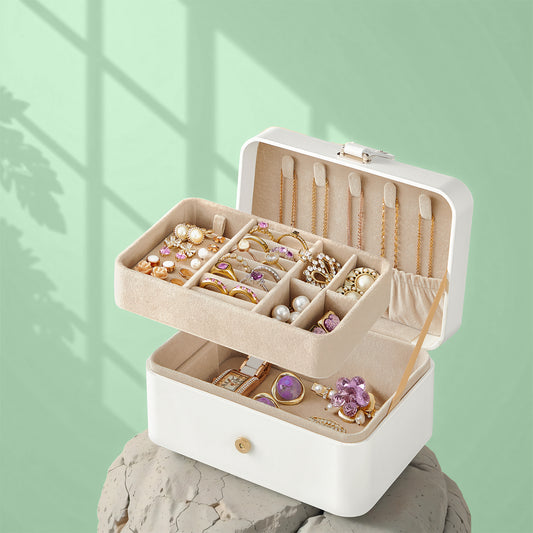 2-Layer Jewelry Organizer Box, Travel Case with Removable Tray & Necklace Hooks - Compact Storage for Earrings, Rings, Bracelets, Gift for Women, Cloud White