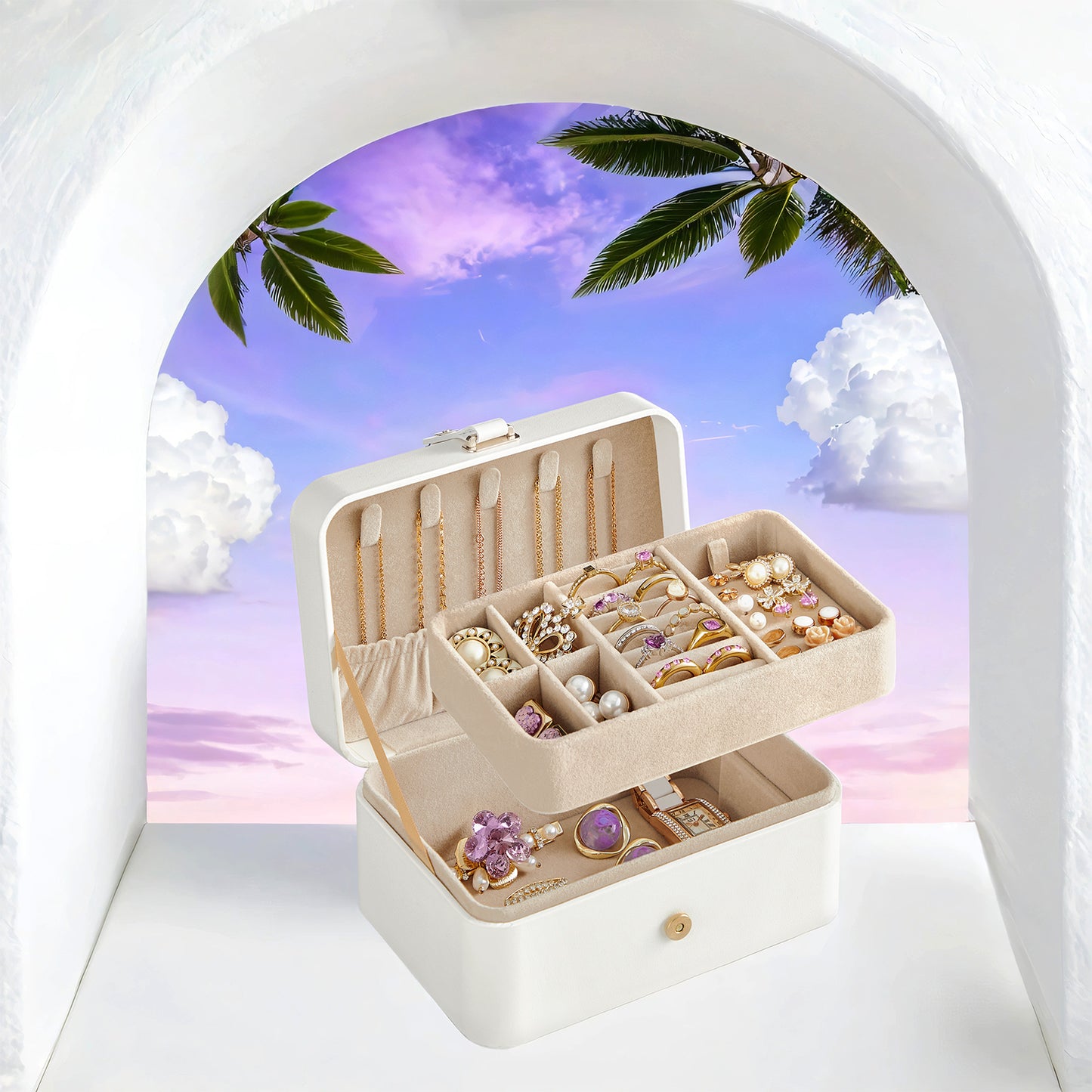 2-Layer Jewelry Organizer Box, Travel Case with Removable Tray & Necklace Hooks - Compact Storage for Earrings, Rings, Bracelets, Gift for Women, Cloud White