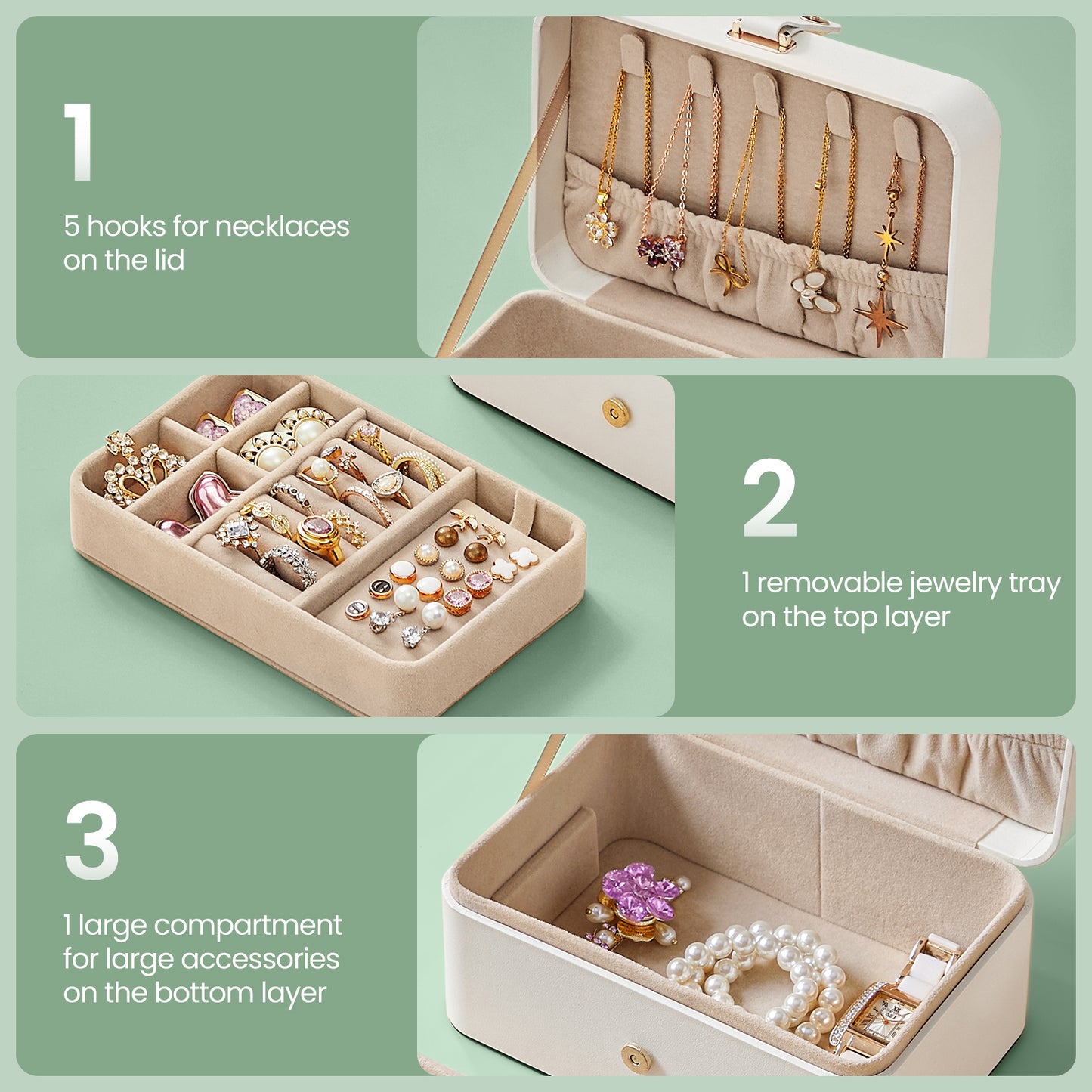 2-Layer Jewelry Organizer Box, Travel Case with Removable Tray & Necklace Hooks - Compact Storage for Earrings, Rings, Bracelets, Gift for Women, Cloud White