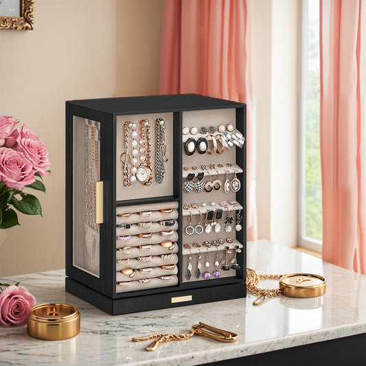 360° Rotating Jewelry Organizer with 5 Drawers, Glass Window & 18 Necklace Hooks – Vertical Storage, Velvet Lined, Gift-Ready, Graphite Black