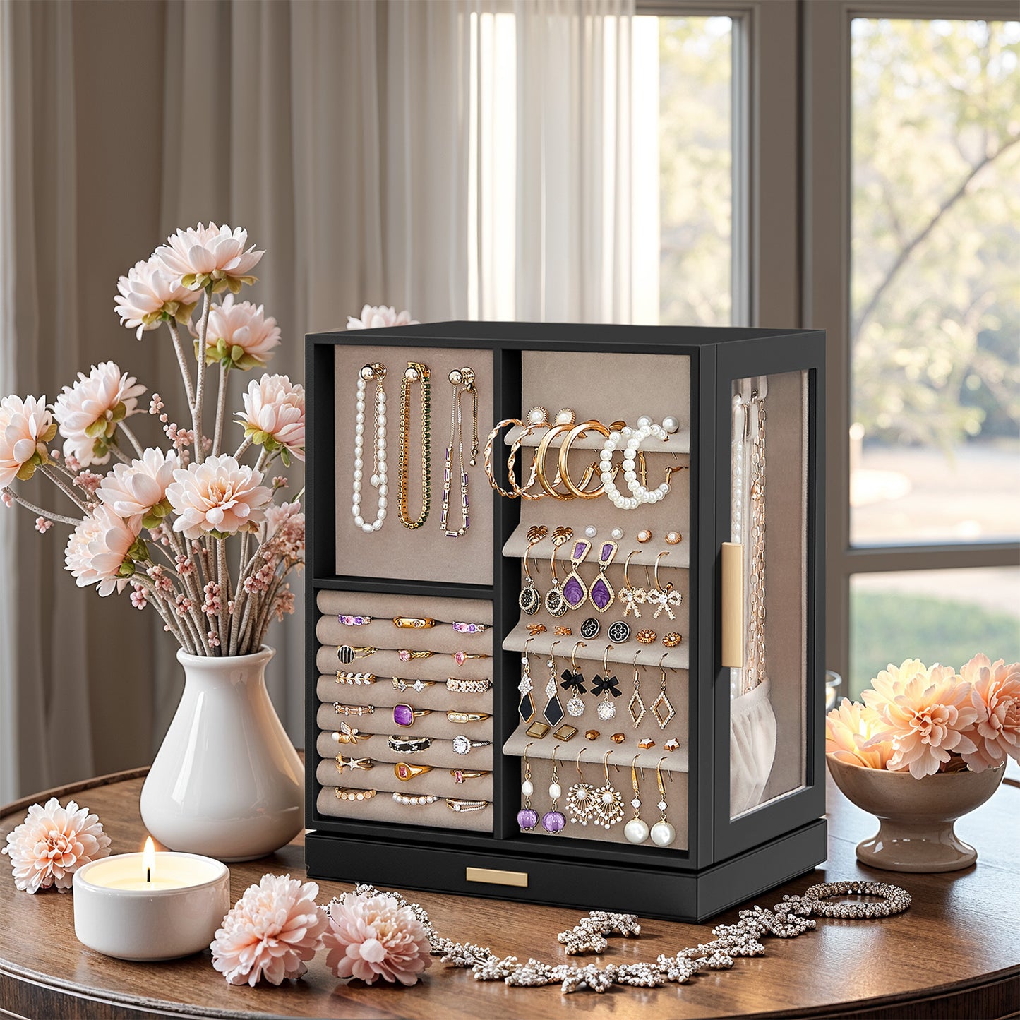 360° Rotating Jewelry Organizer with 5 Drawers, Glass Window & 18 Necklace Hooks – Vertical Storage, Velvet Lined, Gift-Ready, Graphite Black