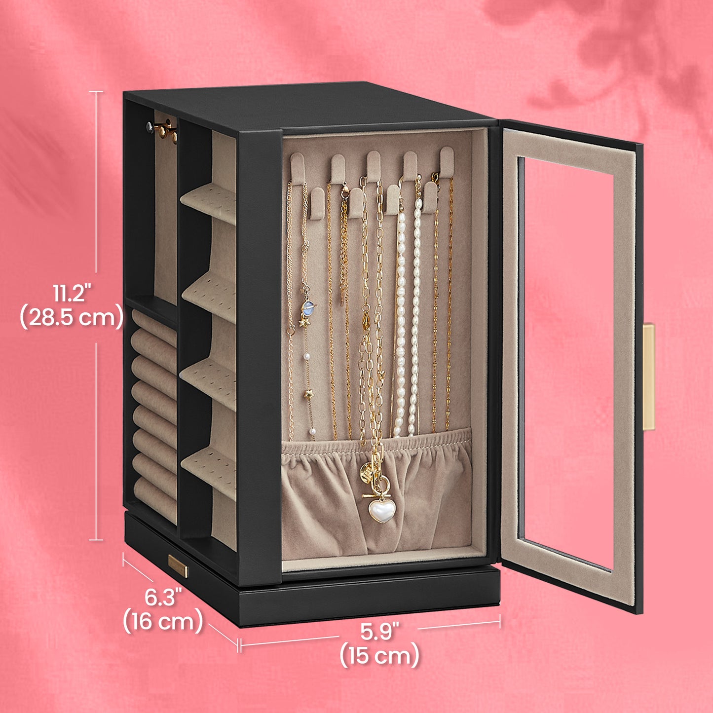 360° Rotating Jewelry Organizer with 5 Drawers, Glass Window & 18 Necklace Hooks – Vertical Storage, Velvet Lined, Gift-Ready, Graphite Black