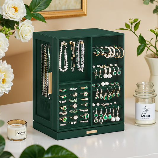 360° Rotating Jewelry Organizer with 5 Drawers & 18 Necklace Hooks, Vertical Storage, Glass Window, Velvet Lining, Giftable Jewelry Box , Forest Green