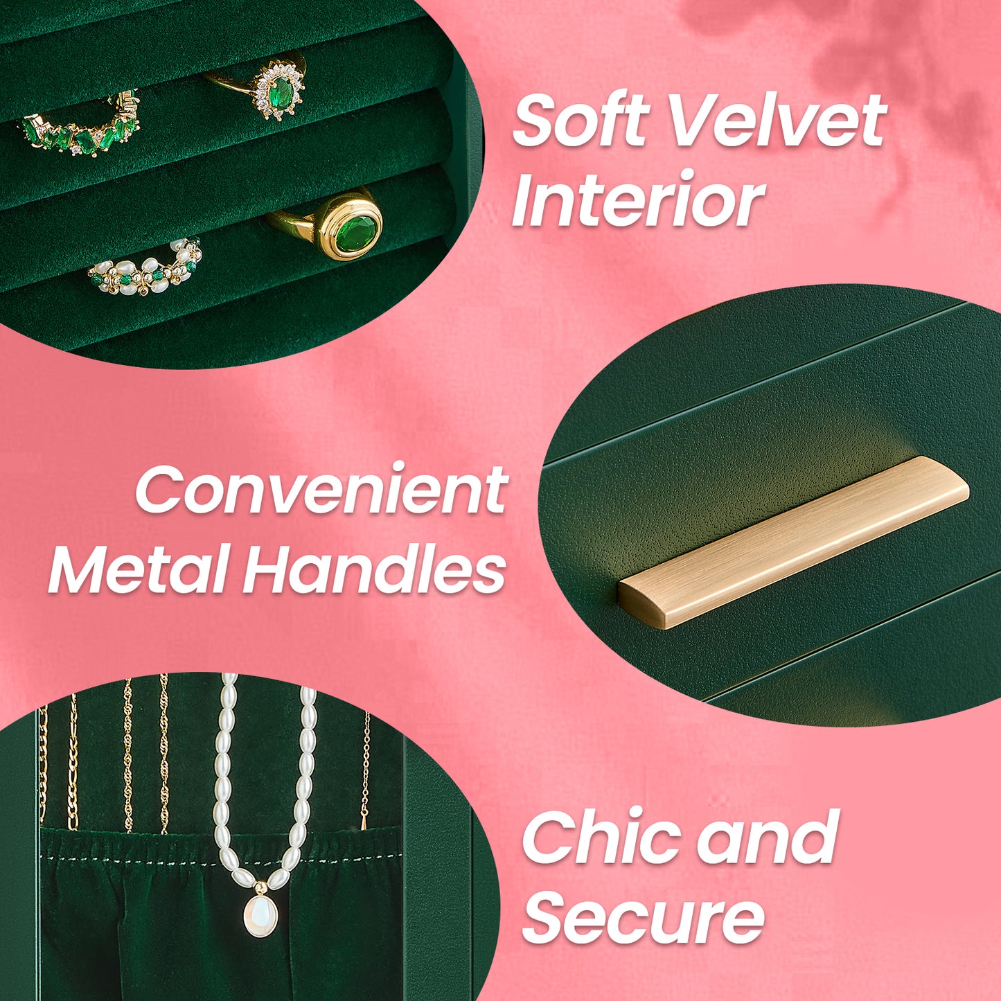 360° Rotating Jewelry Organizer with 5 Drawers & 18 Necklace Hooks, Vertical Storage, Glass Window, Velvet Lining, Giftable Jewelry Box , Forest Green