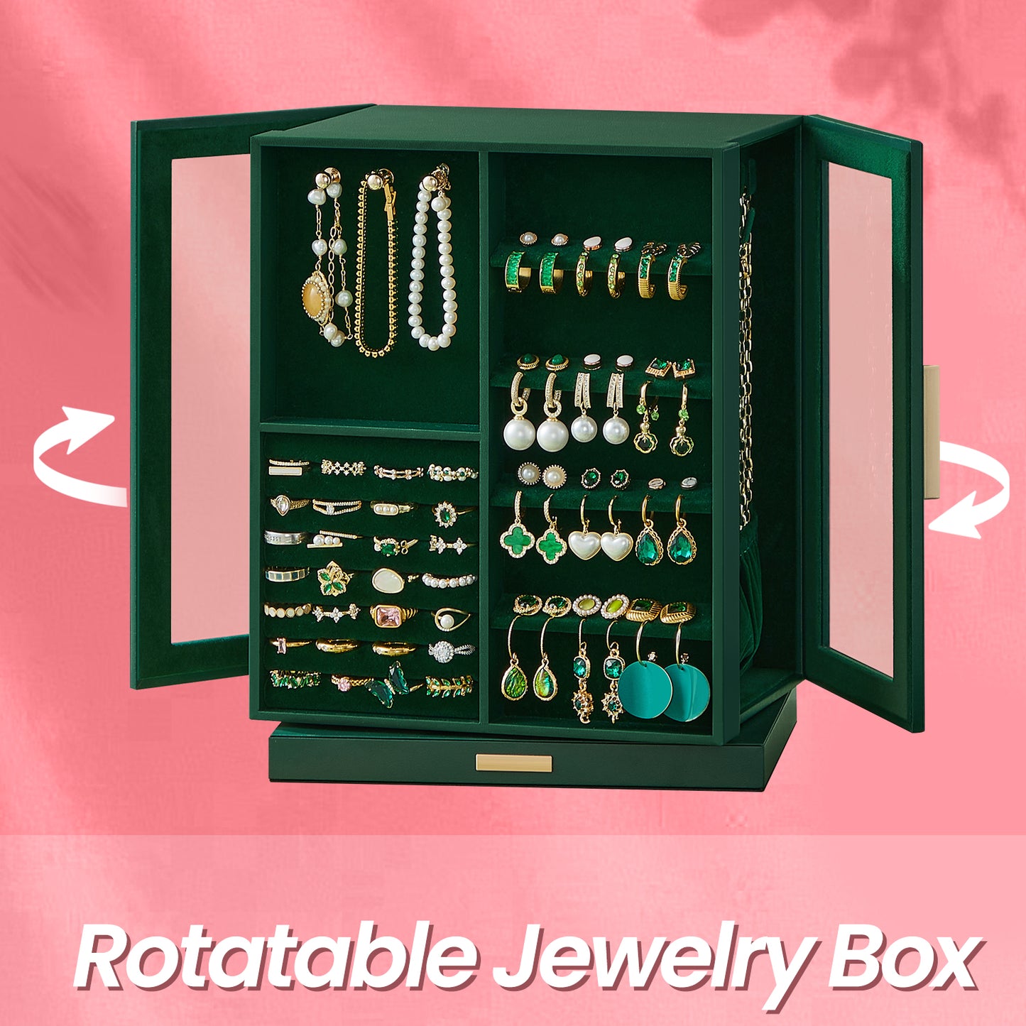 360° Rotating Jewelry Organizer with 5 Drawers & 18 Necklace Hooks, Vertical Storage, Glass Window, Velvet Lining, Giftable Jewelry Box , Forest Green