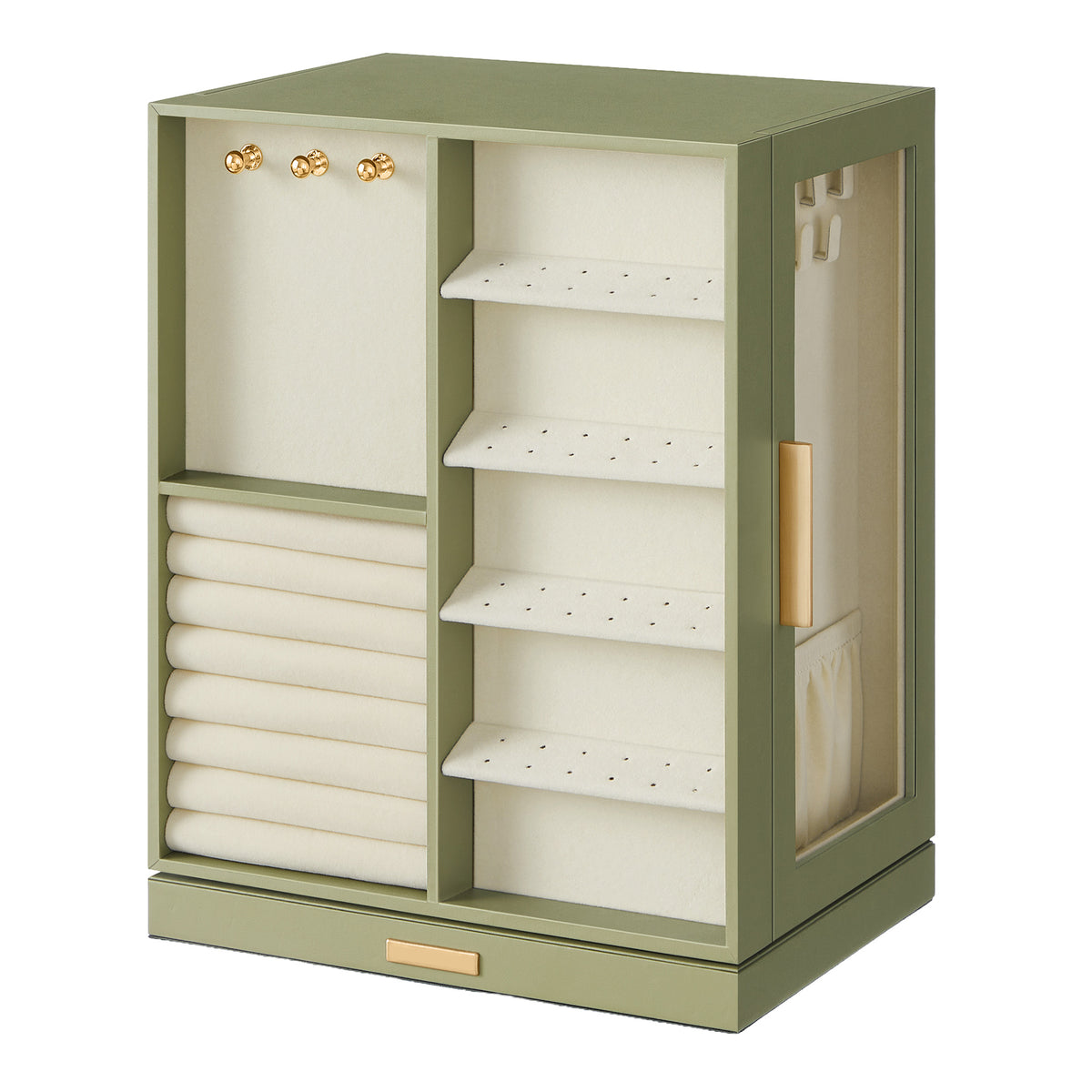 360° Rotating Jewelry Box Organizer with 5 Drawers, Vertical Earring Storage, 8.7 x 6.3 x 11 Inches, Olive Green