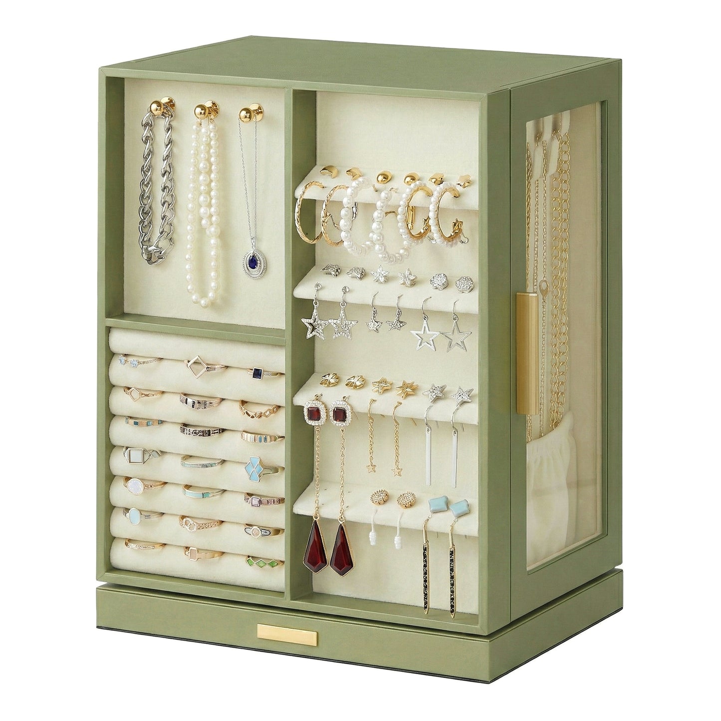 360° Rotating Jewelry Box Organizer with 5 Drawers, Vertical Earring Storage, 8.7 x 6.3 x 11 Inches, Olive Green