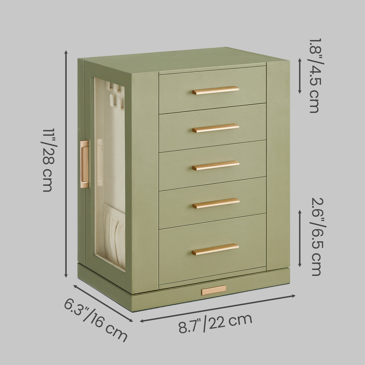 360° Rotating Jewelry Box Organizer with 5 Drawers, Vertical Earring Storage, 8.7 x 6.3 x 11 Inches, Olive Green