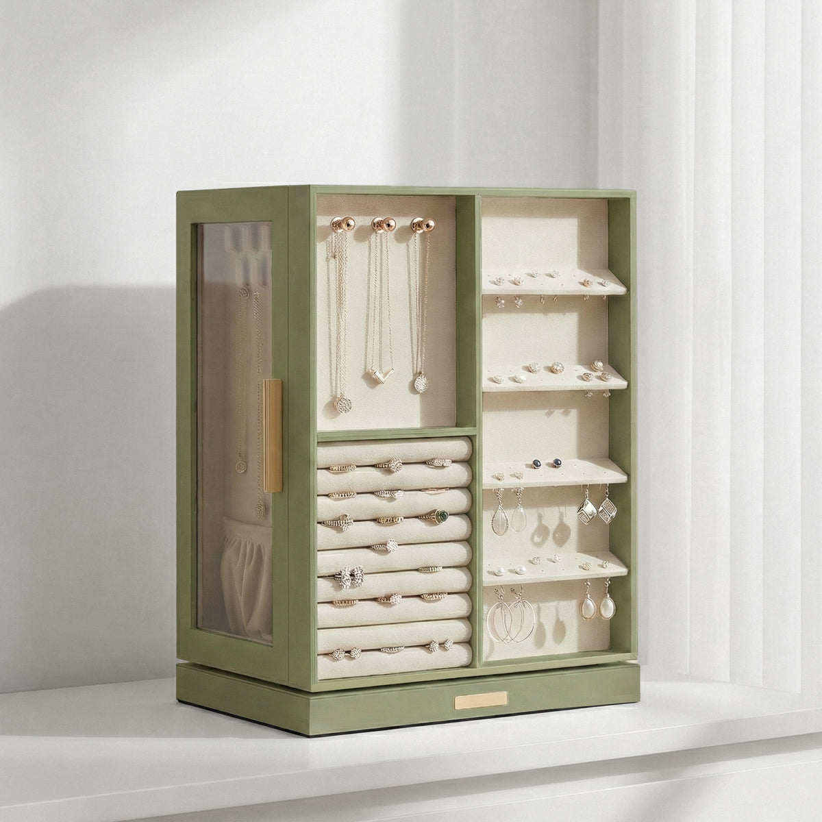 360° Rotating Jewelry Box Organizer with 5 Drawers, Vertical Earring Storage, 8.7 x 6.3 x 11 Inches, Olive Green
