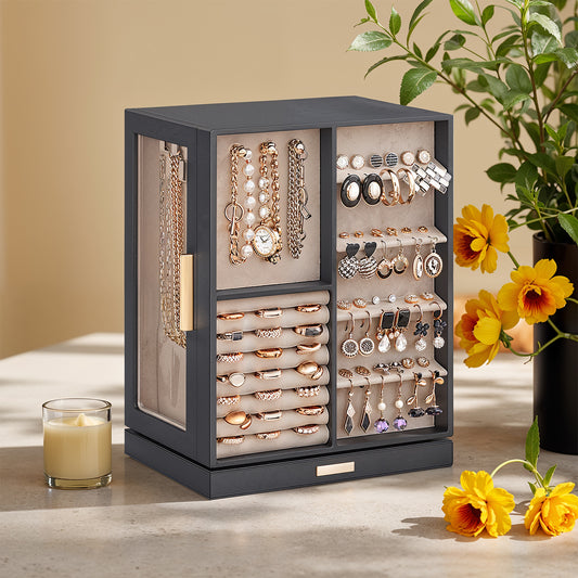 360° Rotating Jewelry Organizer with 5 Drawers, 18 Necklace Hooks, Glass Window & Velvet Lining , Vertical Storage for Rings, Earrings, Necklaces ,Slate Gray