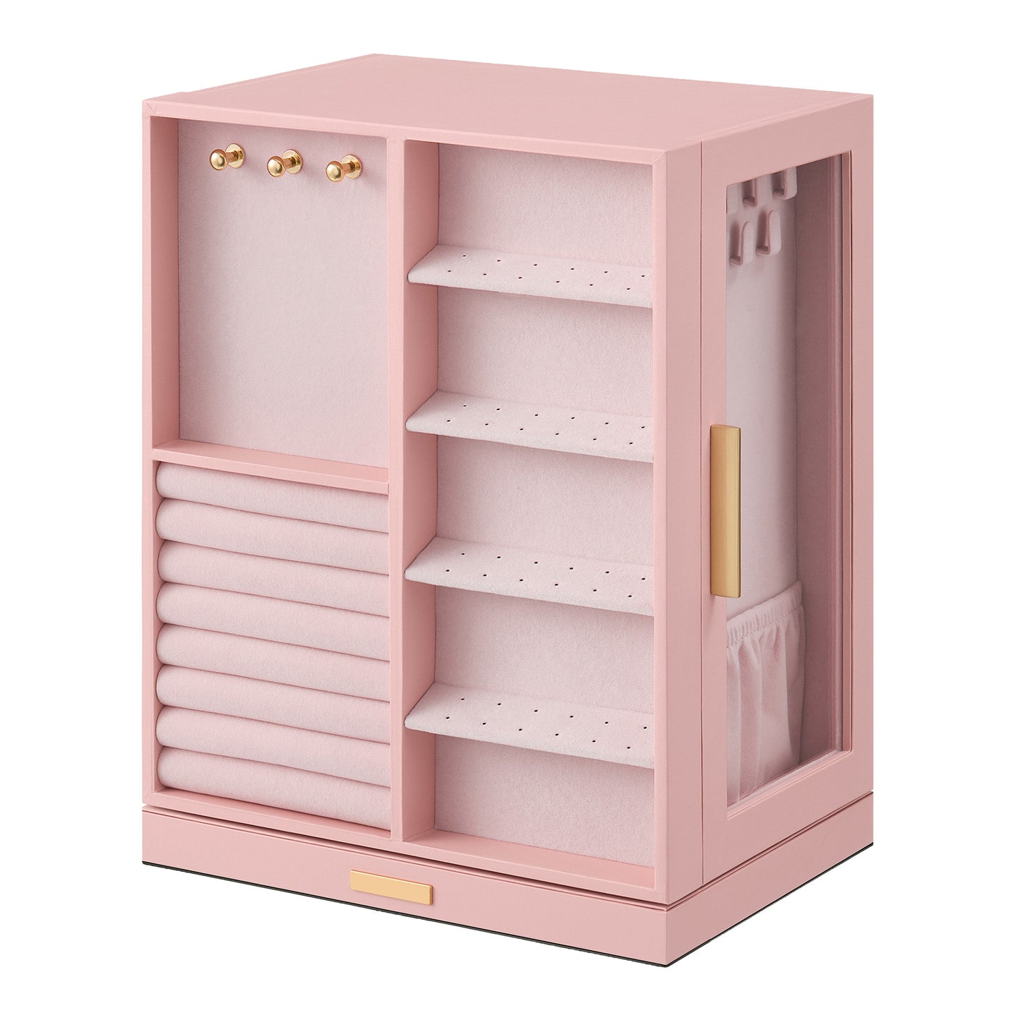 360° Rotating Jewelry Box Organizer with 5 Drawers, Vertical Earring Storage, 8.7 x 6.3 x 11 Inches, Pink