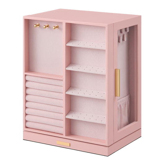 360° Rotating Jewelry Box Organizer with 5 Drawers, Vertical Earring Storage, 8.7 x 6.3 x 11 Inches, Pink