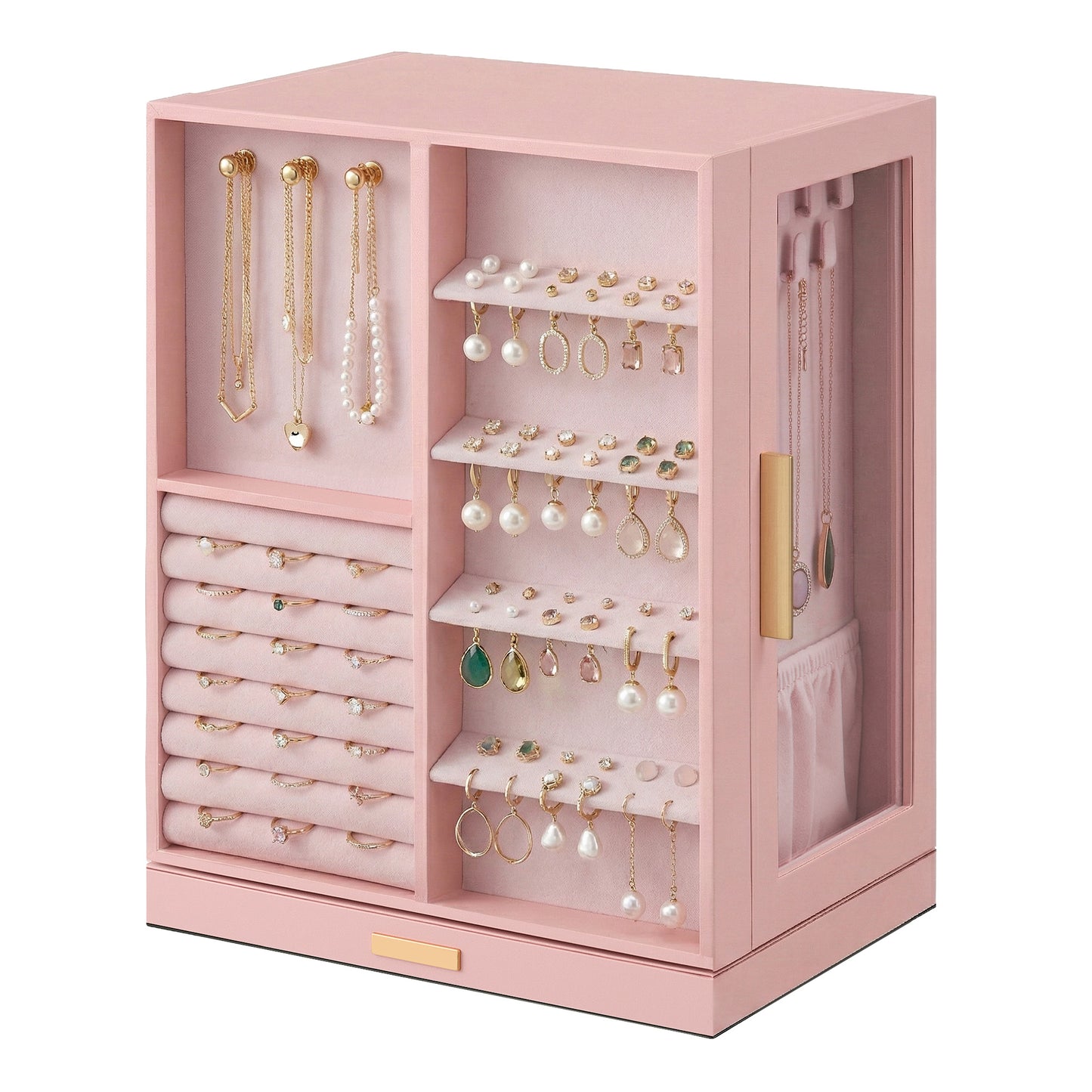 360° Rotating Jewelry Box Organizer with 5 Drawers, Vertical Earring Storage, 8.7 x 6.3 x 11 Inches, Pink