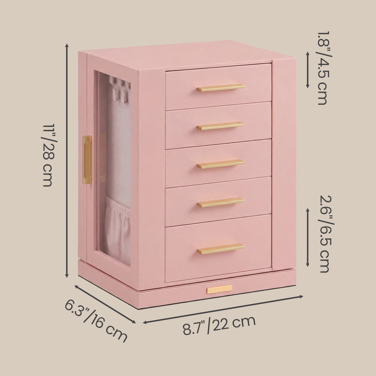 360° Rotating Jewelry Box Organizer with 5 Drawers, Vertical Earring Storage, 8.7 x 6.3 x 11 Inches, Pink