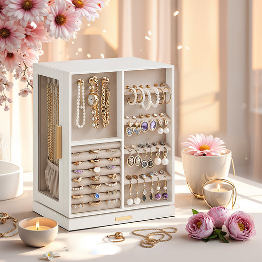 Rotating Jewelry Storage Box with 5 Drawers & 18 Necklace Hooks, Vertical Jewelry Organizer with Glass Window & Soft Velvet Lining, Cloud White