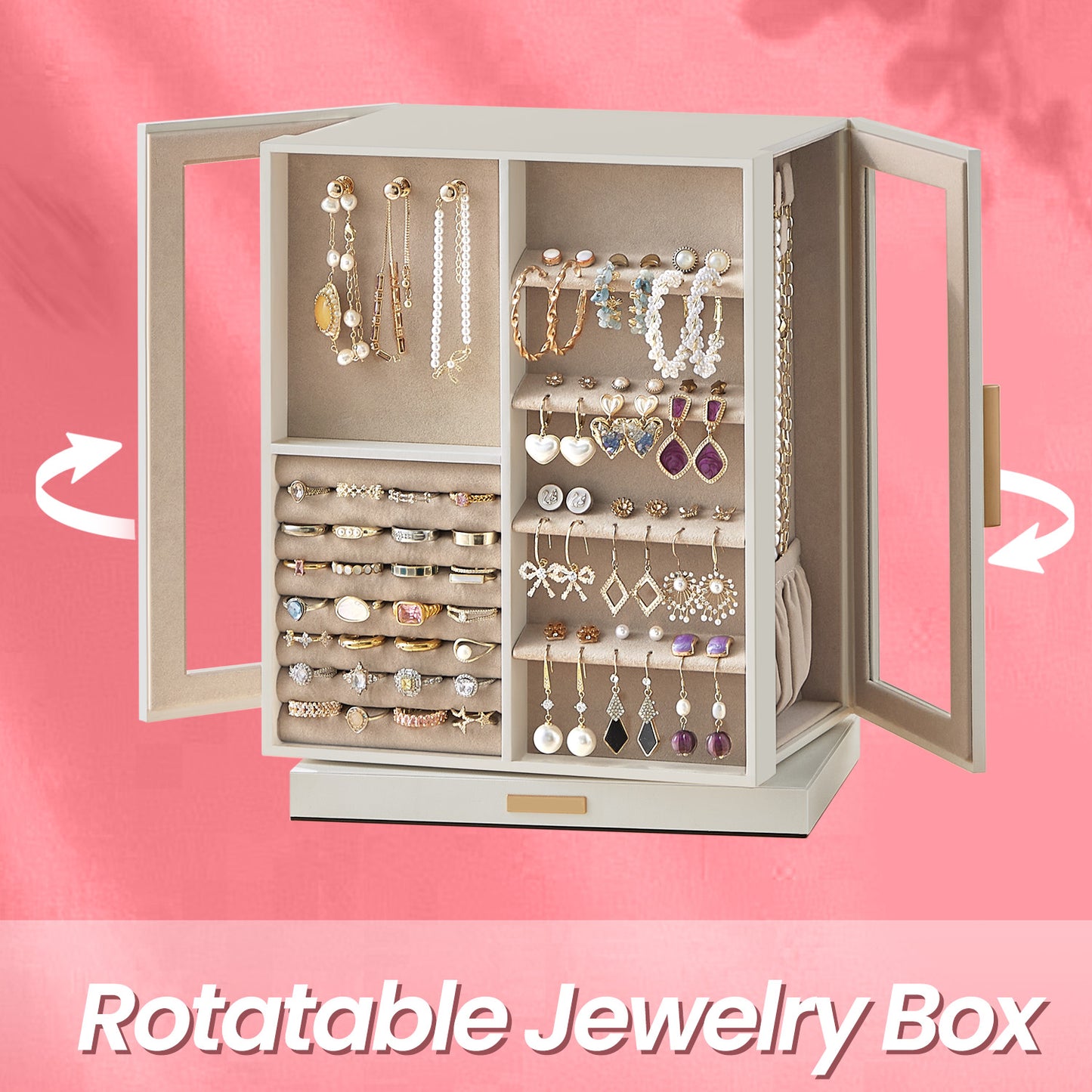 Rotating Jewelry Storage Box with 5 Drawers & 18 Necklace Hooks, Vertical Jewelry Organizer with Glass Window & Soft Velvet Lining, Cloud White