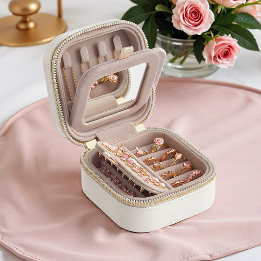 Compact Travel Jewelry Organizer with Mirror, Adjustable Dividers & Velvet Lining, PU Leather Case for Necklaces, Rings, Cloud White
