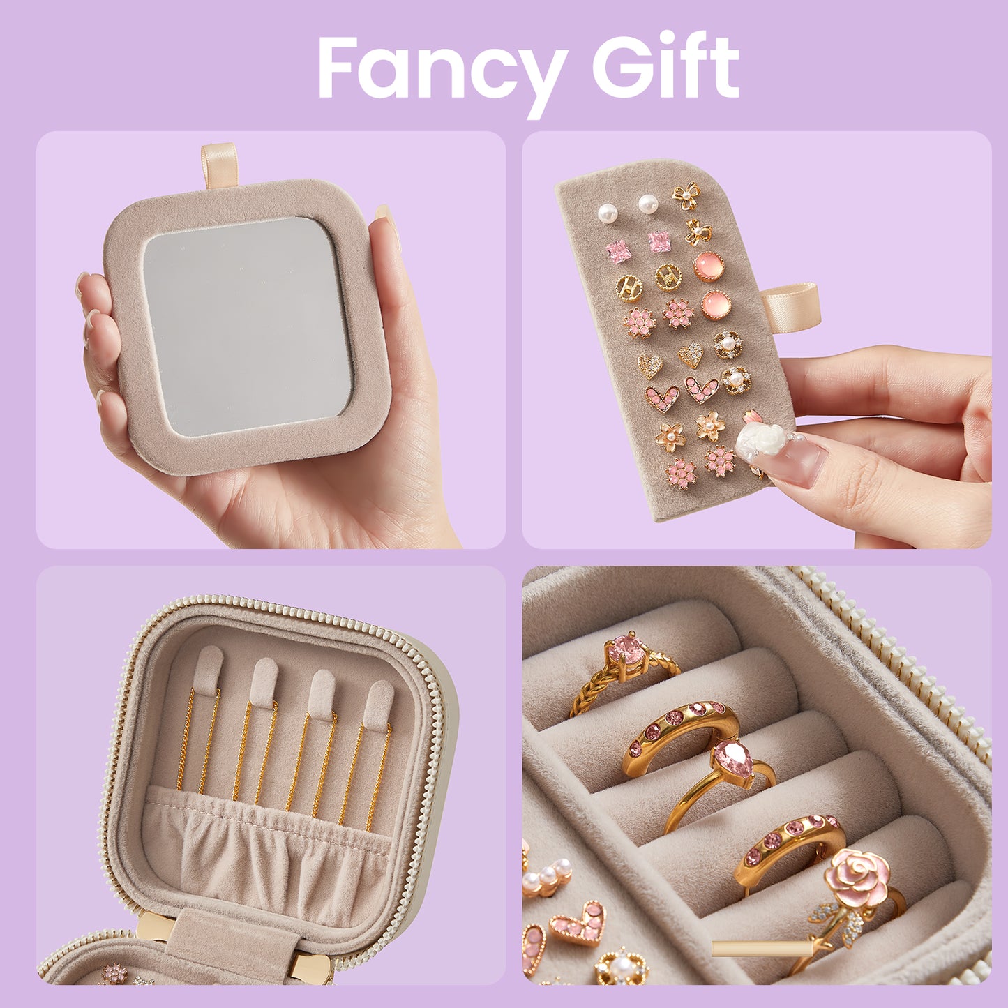 Compact Travel Jewelry Organizer with Mirror, Adjustable Dividers & Velvet Lining, PU Leather Case for Necklaces, Rings, Cloud White