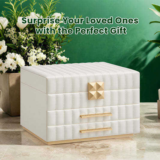 3-Tier Jewelry Organizer with Mirror & 2 Drawers, PU Leather Storage Box with Floating Base, for Vanity Dresser, Gift, Cloud White