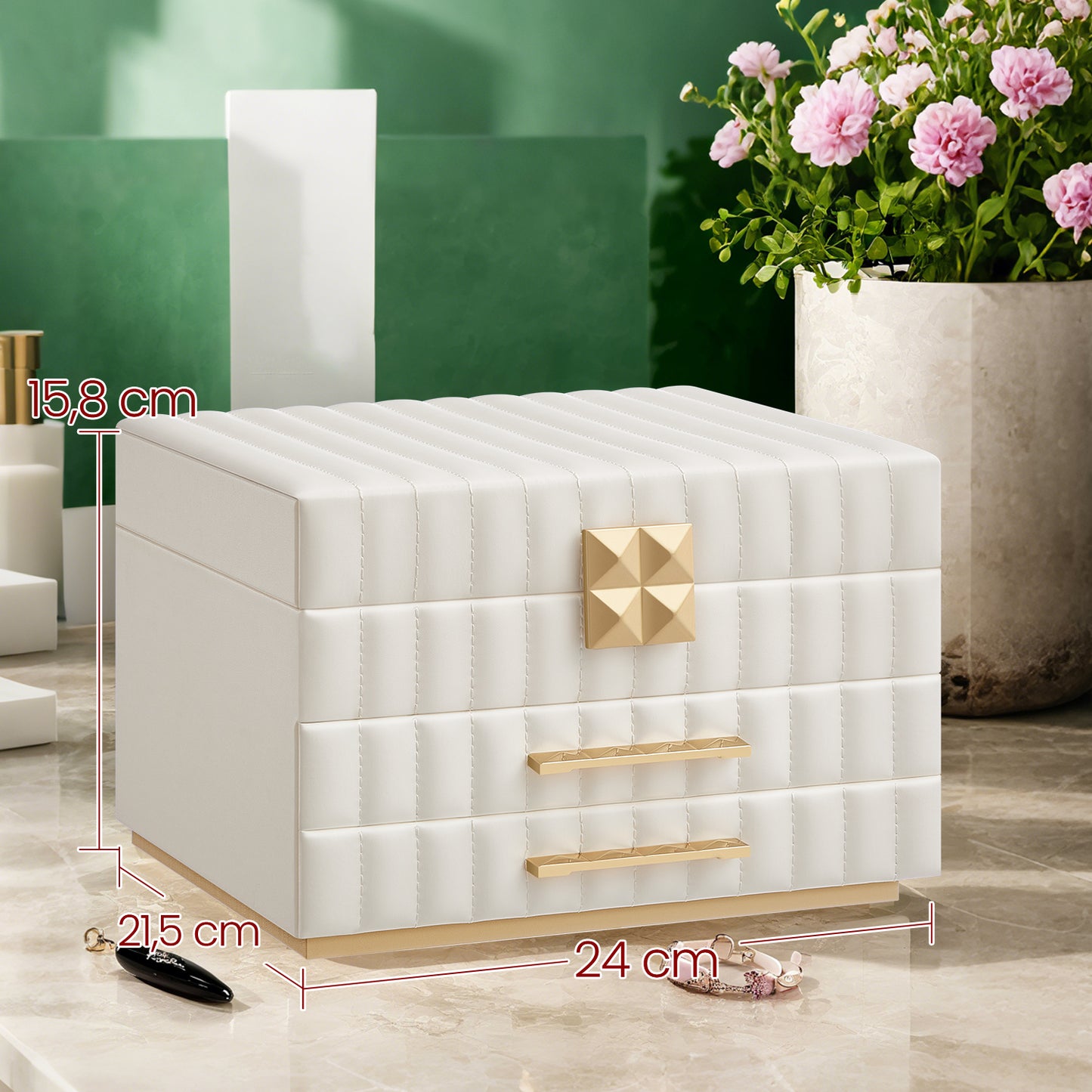 3-Tier Jewelry Organizer with Mirror & 2 Drawers, PU Leather Storage Box with Floating Base, for Vanity Dresser, Gift, Cloud White