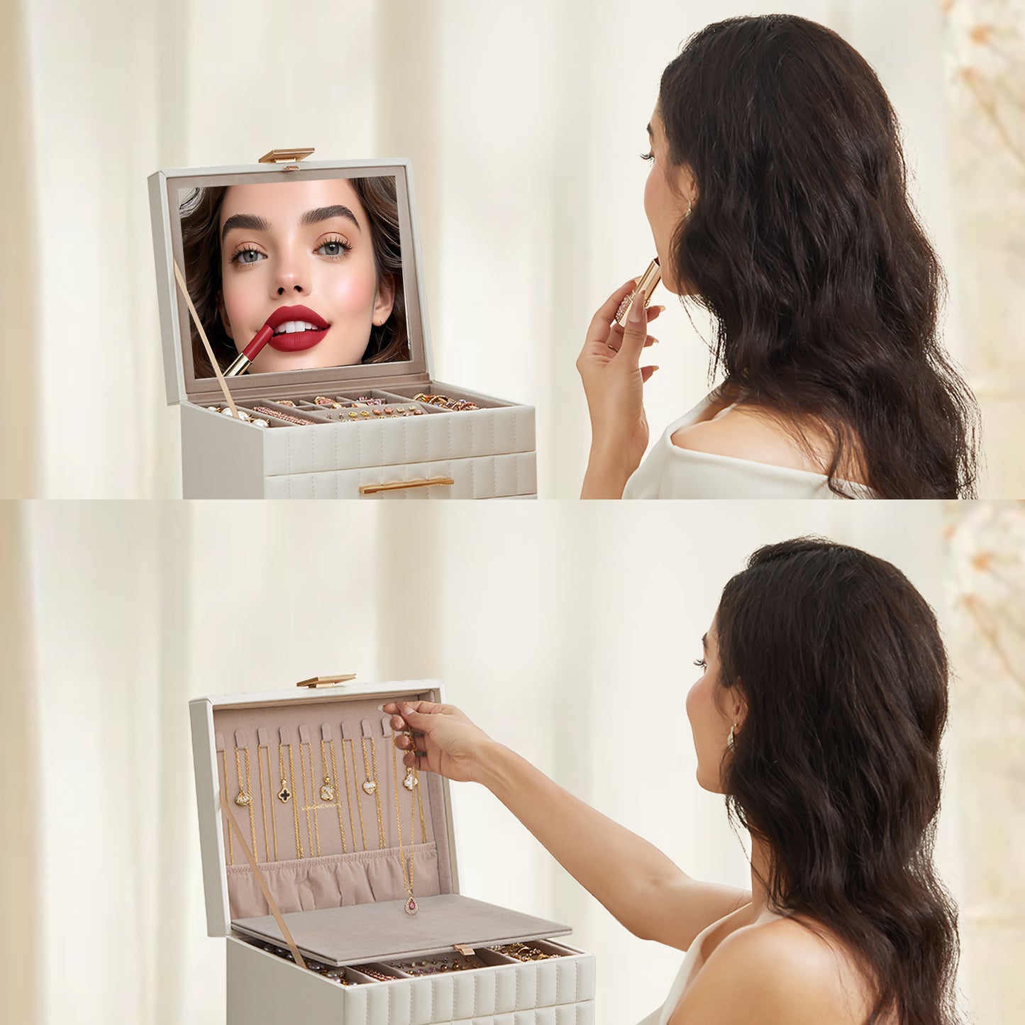 3-Tier Jewelry Organizer with Mirror & 2 Drawers, PU Leather Storage Box with Floating Base, for Vanity Dresser, Gift, Cloud White