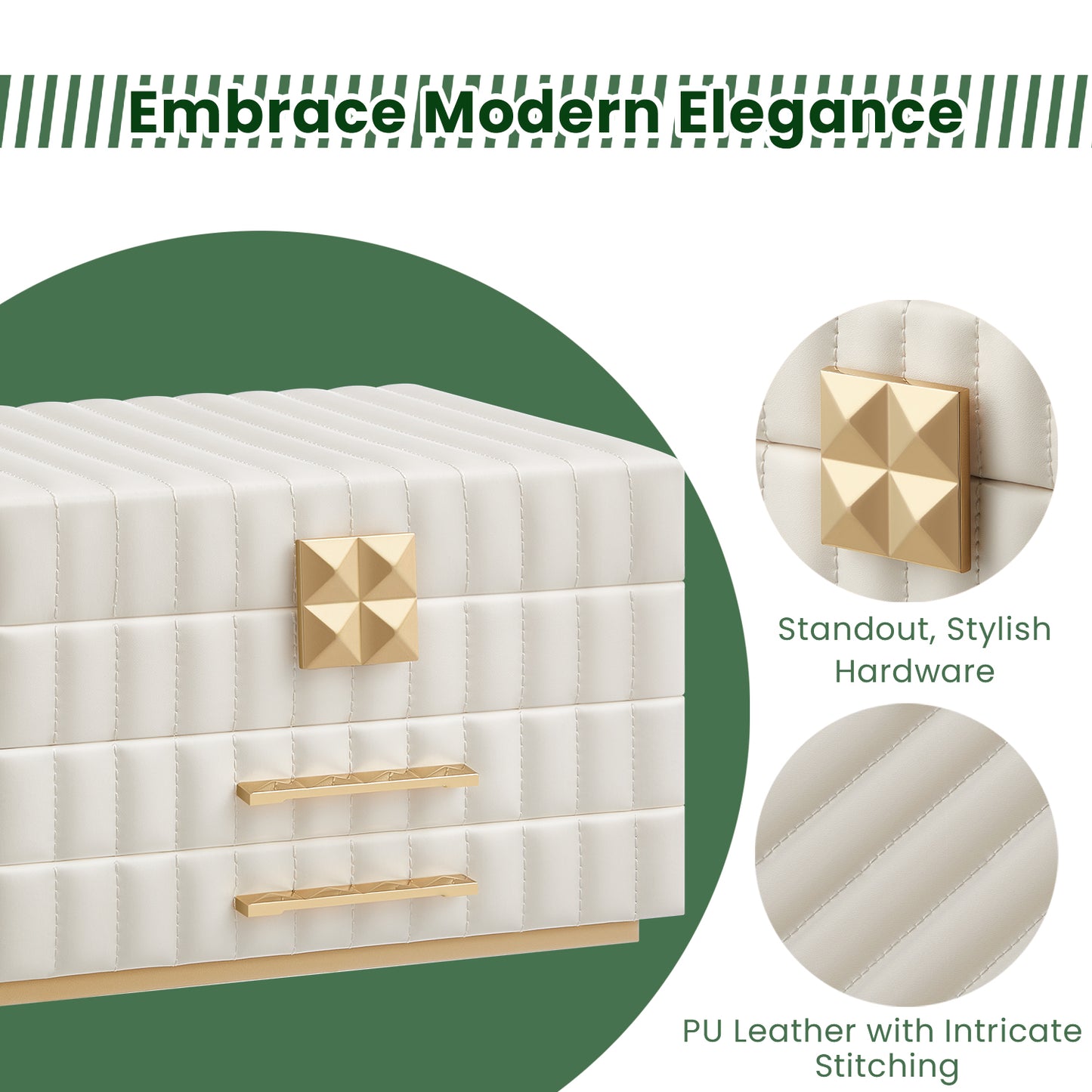 3-Tier Jewelry Organizer with Mirror & 2 Drawers, PU Leather Storage Box with Floating Base, for Vanity Dresser, Gift, Cloud White