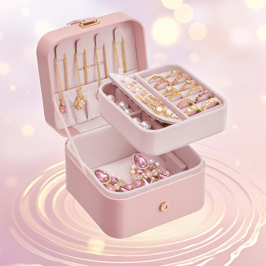 2-Layer Travel Jewelry Organizer Box, Compact & Portable with Removable Tray & Necklace Hooks, for Earrings, Rings, Bracelets, Jelly Pink