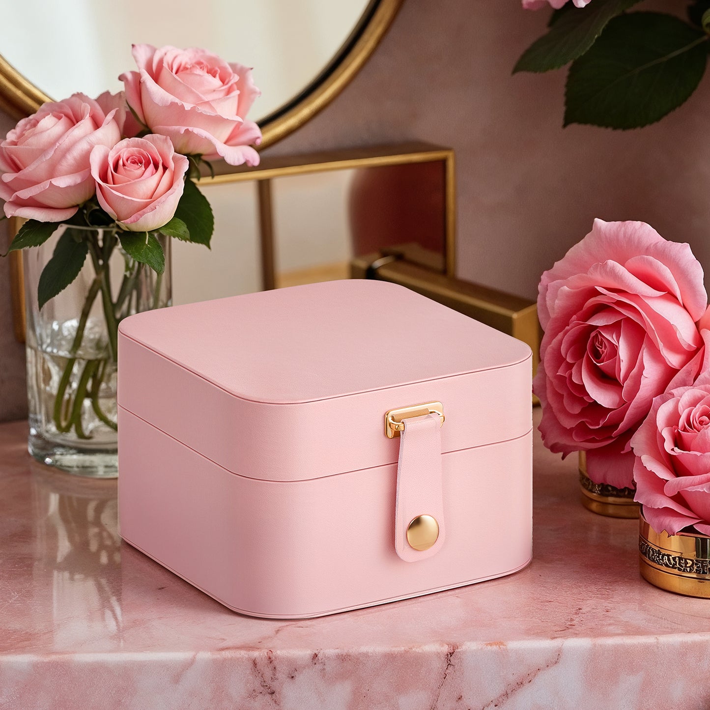 2-Layer Travel Jewelry Organizer Box, Compact & Portable with Removable Tray & Necklace Hooks, for Earrings, Rings, Bracelets, Jelly Pink