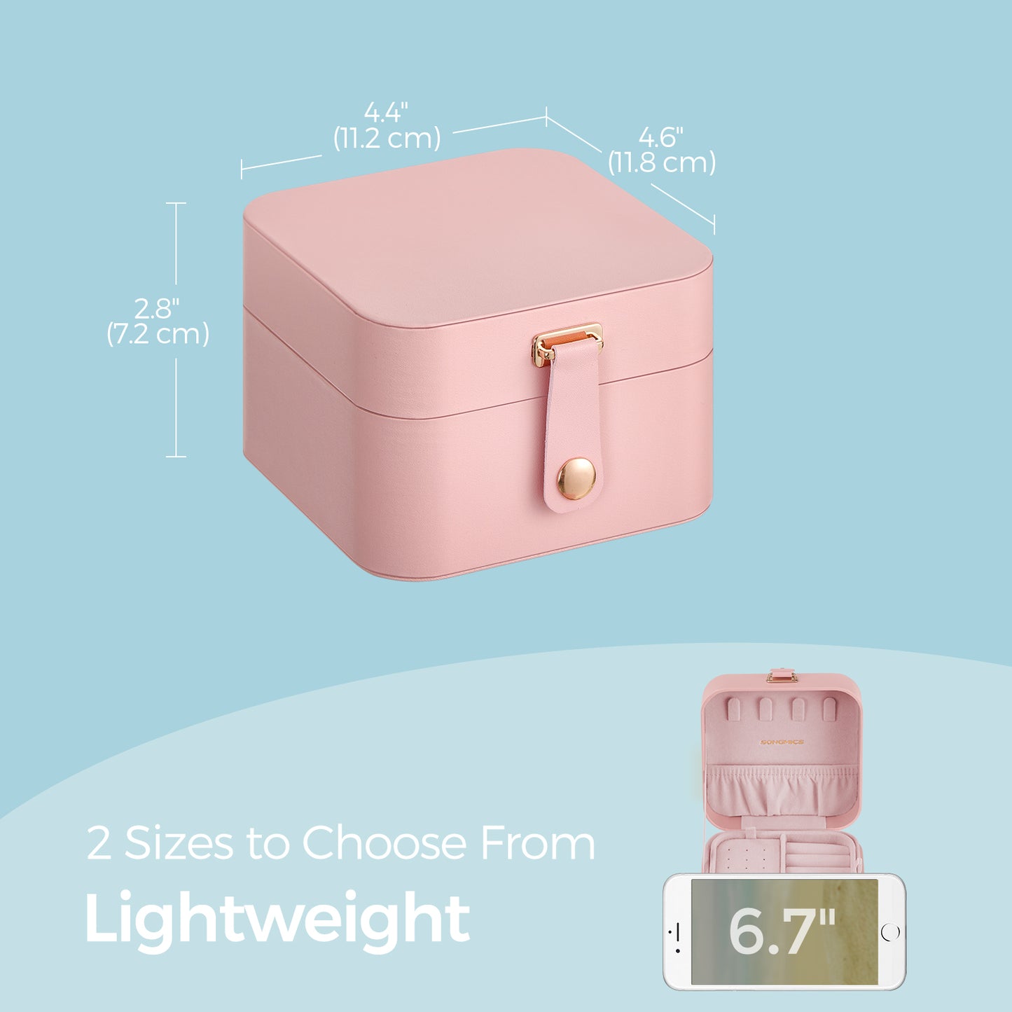 2-Layer Travel Jewelry Organizer Box, Compact & Portable with Removable Tray & Necklace Hooks, for Earrings, Rings, Bracelets, Jelly Pink